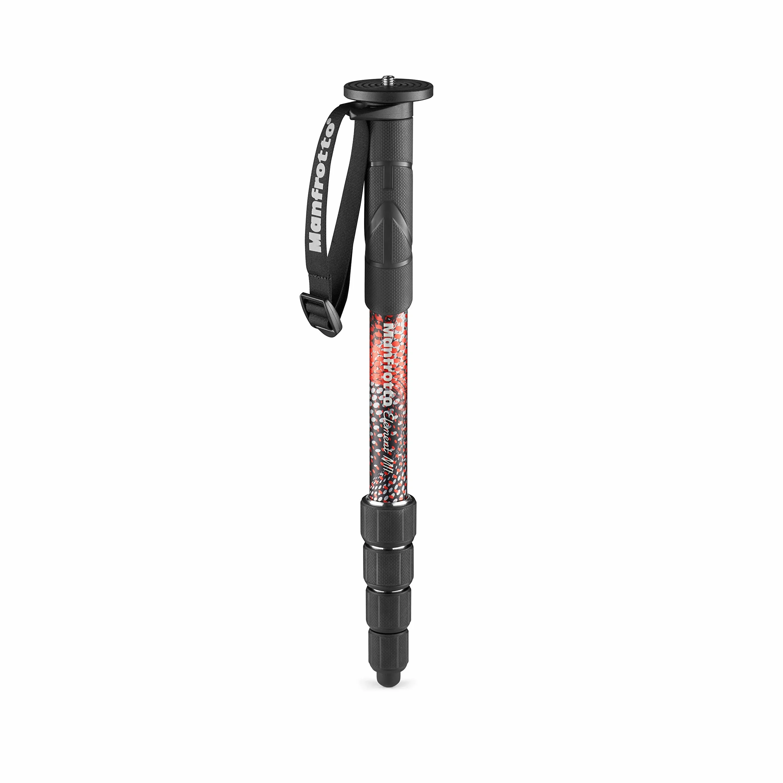 Manfrotto Element MII MMELMIIA5RD - Monopie Ligero de Viaje en Aluminio 5 Secciones, Rojo, con Muñequera, Mango de Goma, Bloqueos por Torsión, Carga 16 kg, para Cámara Compacta, Sin Espejo, DSLR