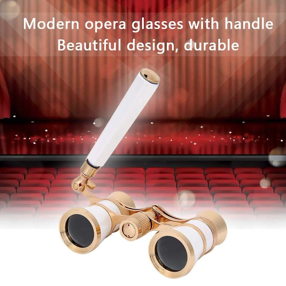 Binoculares para ópera, Gafas de ópera de Enfoque Central 3X25 Binoculares Gafas de Teatro con Prisma BAK-7 y asa para Adultos Mujeres en Concierto Teatro Ópera(Oro Blanco)