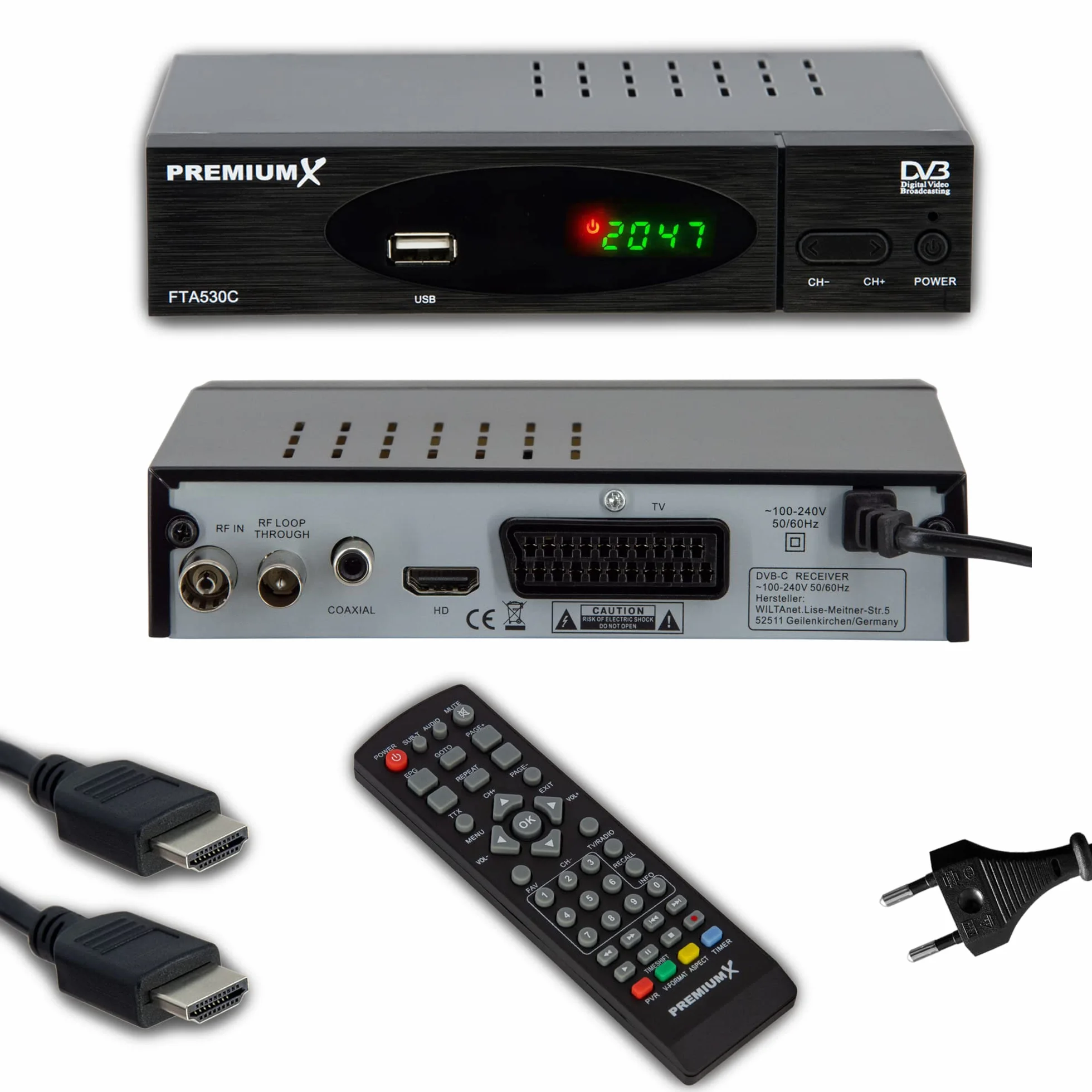 Premium X Receptor de cable DVB-C FTA 530C TV digital Full HD. Instalación automática USB Mediaplayer SCART HDMI TV por cable para todos los proveedores de cable