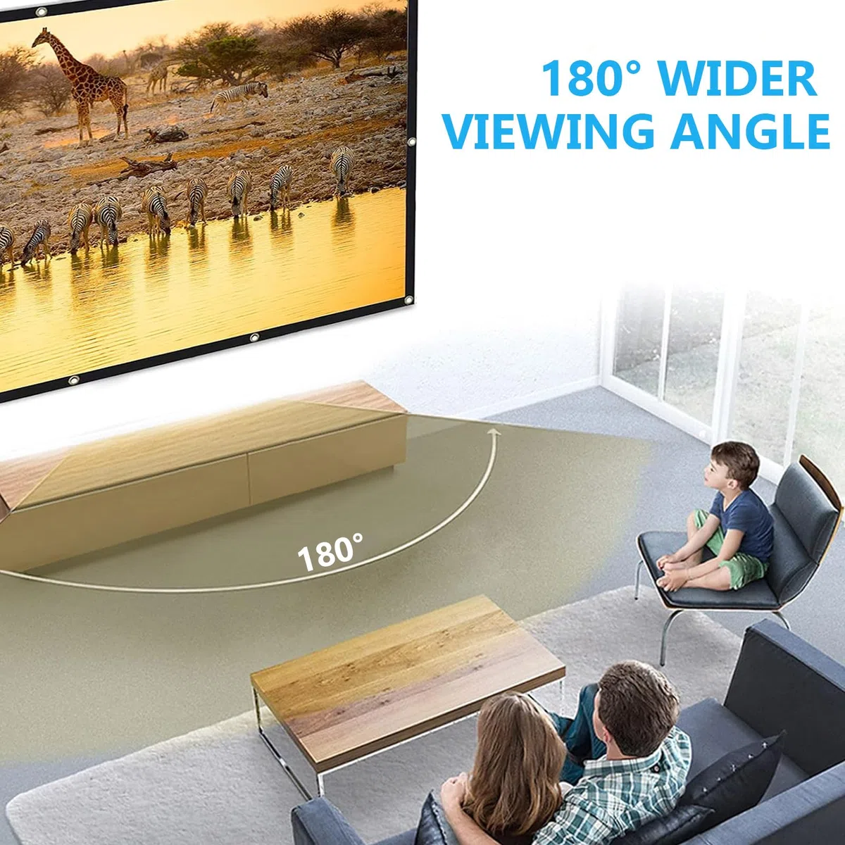 Pantalla de proyección HD 150" 16:9 - Pantalla de proyección portátil plegable con gancho y cuerda - Para casa, escuela, reuniones, camping, cine en casa (12 agujeros)
