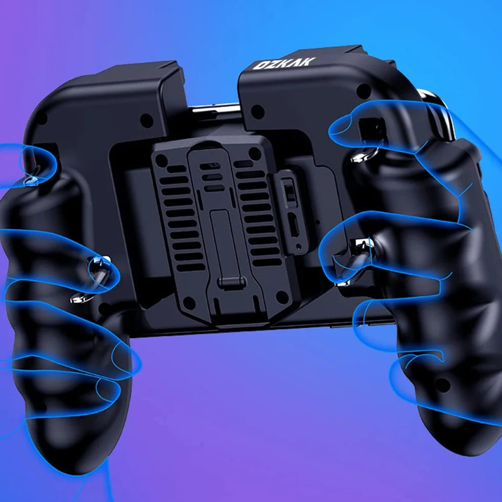 Gatillos para Movil Mando Mobile Controller 6 dedos con Ventilador, Gamepad Joystick de Disparo y apuntar L1R1 L2R2 Grip para Call of Duty PUBG Compatible con Smartphone iOS e Android