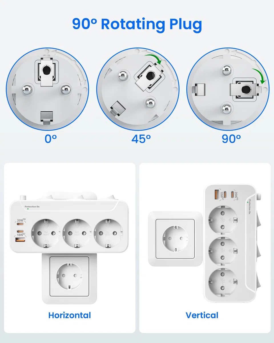 Ladron Enchufes USB C,Regletas Enchufes Pared Carga Rápida PD20W y QC18W,Enchufe Multiple 3 Tomas,Vertical Trifasico Enchufe con Interruptor,Adaptador Enchufe Triple Proteccion Sobretension,Blanco