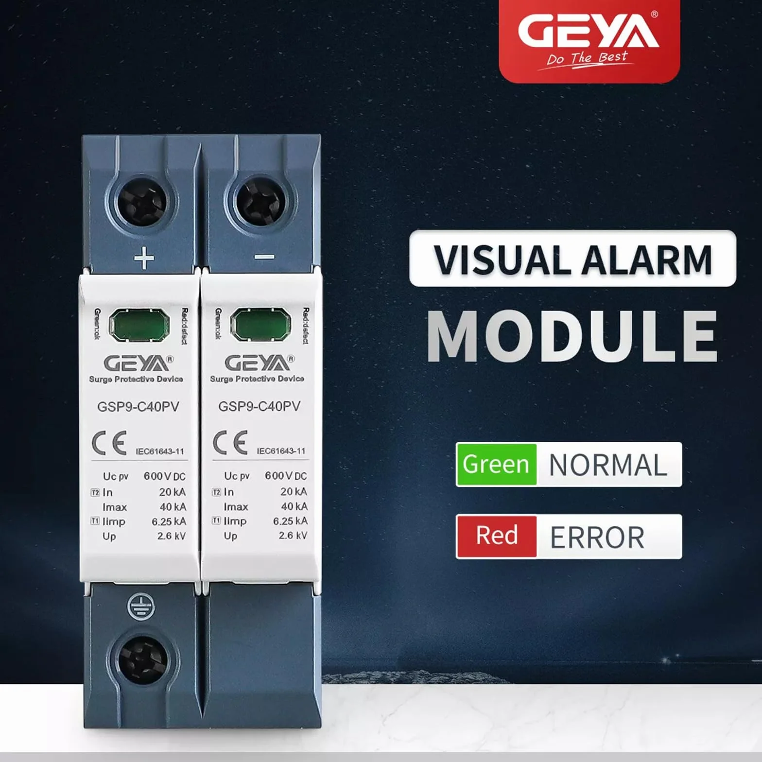 GEYA Solar PV de bajo Voltaje Protector contra sobretensiones DIN Rail 20KA-40KA Descargador de sobretensiones Protector de Rayos DC (2P,DC600V)