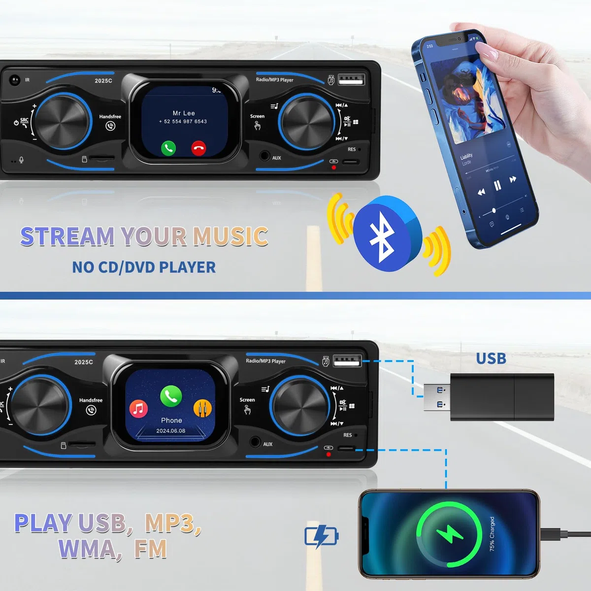 Inefala 1 DIN Radio Coche Bluetooth, Autoradio 1 DIN soporta Llamadas Manos Libres, Puertos USB, SD, AUX-in, Radio FM, Reproductor de MP3 con SWC EQ