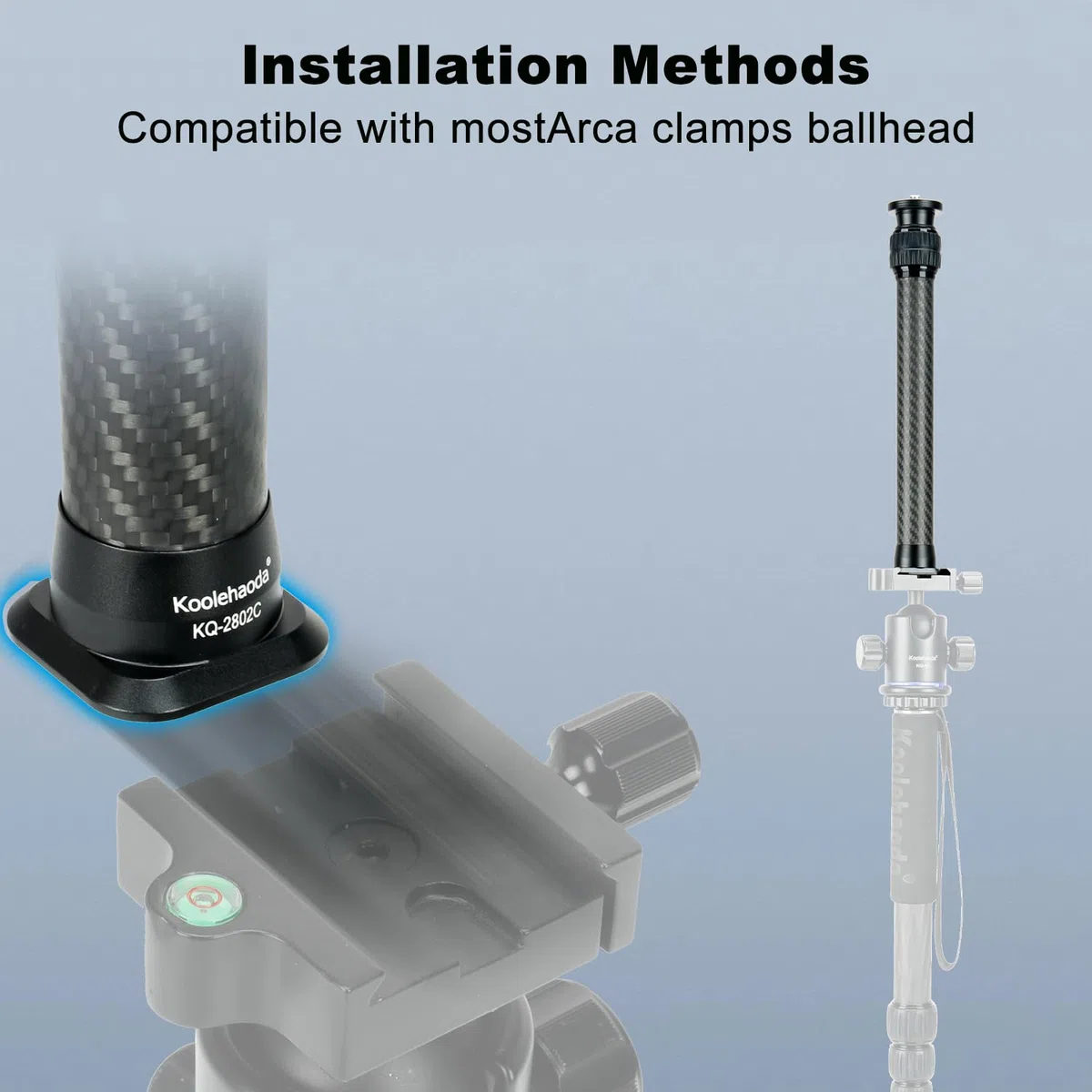 Koolehaoda Extensión Telescópica de Fibra de Carbono de 2 Secciones para Trípode/Monopié con Montura Arca-Swiss para Trípodes, Rótulas, Estabilizadores y Cámaras, Carga Máxima de 15 kg(KQ-2802C)