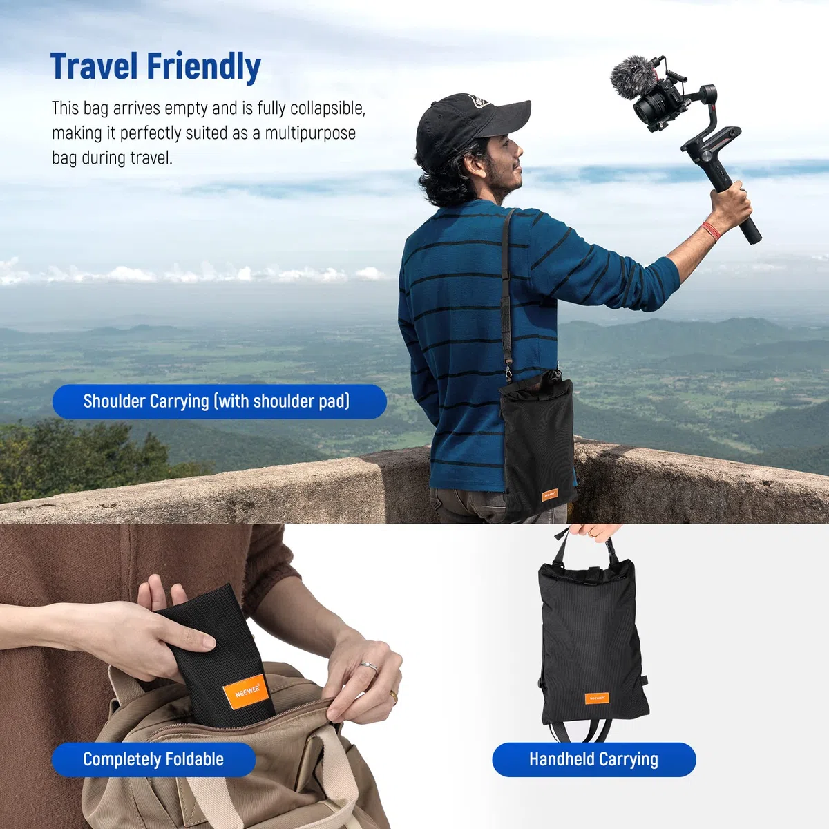 NEEWER Bolsa de Arena para Fotografía de Mano Plegable de 15,5" x 9,4", Correa para Hombro, Saco de Poliéster Resistente, Puf, para Soporte de Lente de Cámara y Soportes de Luz