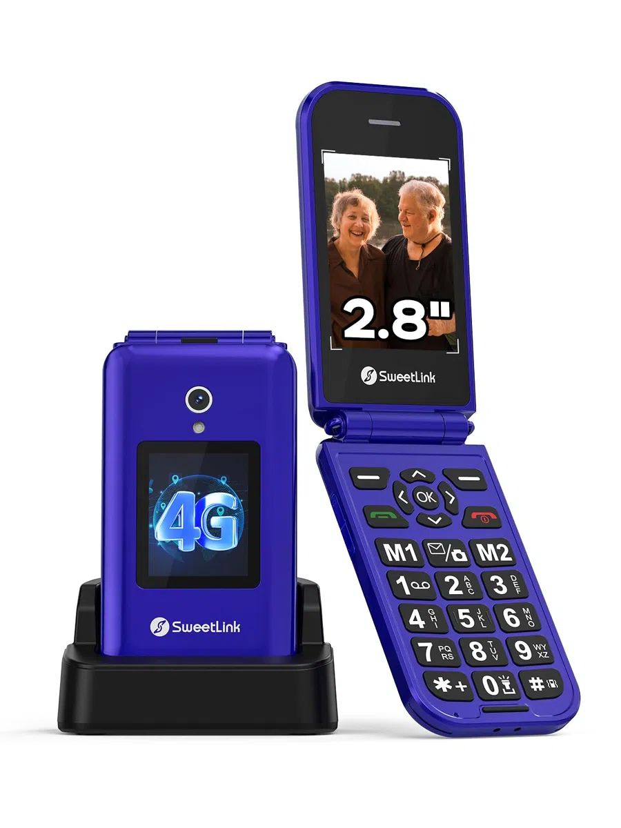 SweetLink F4 Plus 4G - Teléfono Móvil para Personas Mayores con Tapa, Teclas Grandes y Pantalla de 2,8”, Batería 1400mAh, Botón SOS, Contacto con Foto, Base de Carga USB-C, Doble Nano SIM, Azul