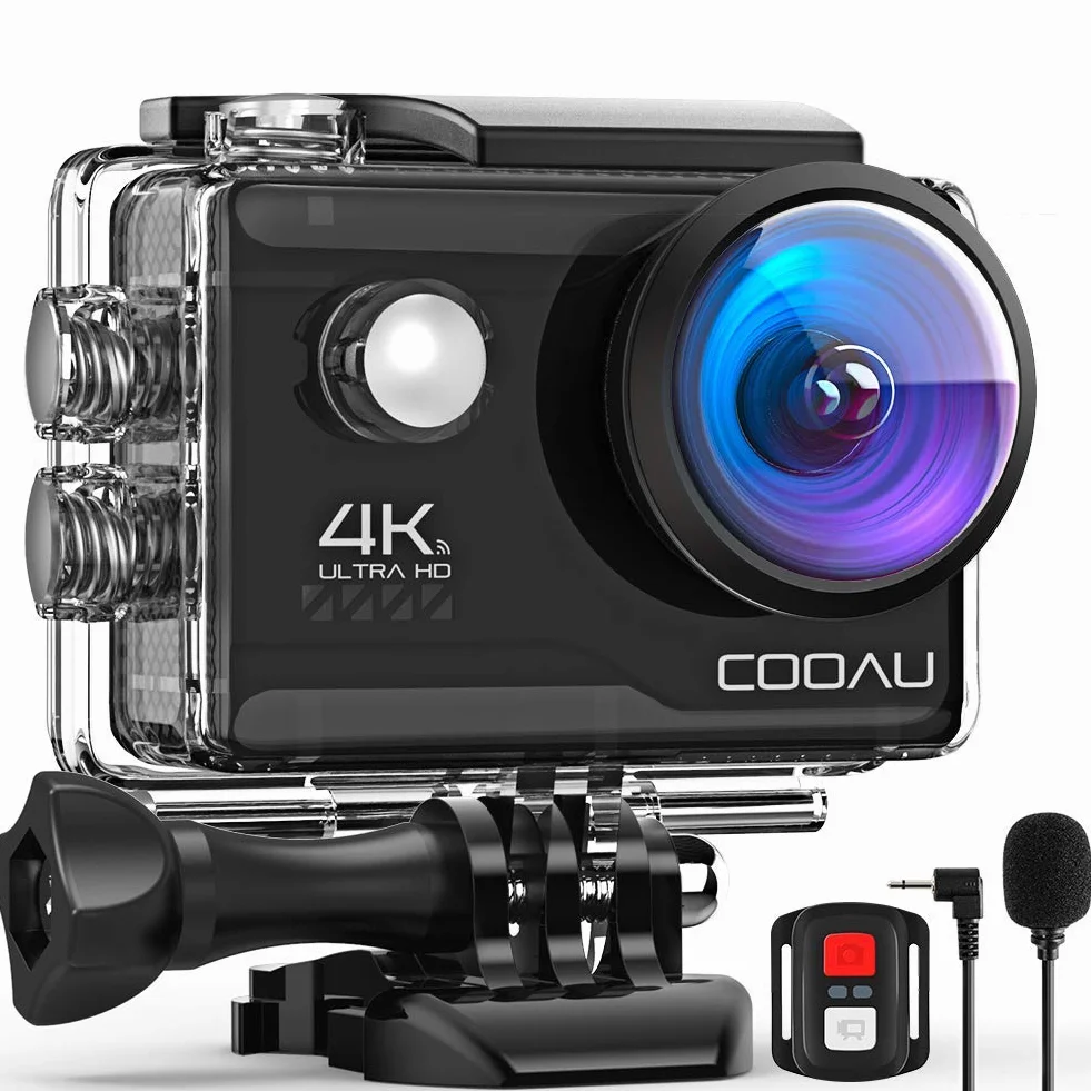 COOAU Camara Deportiva 4K30FPS 20MP WiFi con Micrófono Externo, Gran Angular 170 °, Camara Acuatica Sumergible 40M Impermeable Videocámara de Casco con Control Remoto, 2×1200mAh Baterías, Accesorios