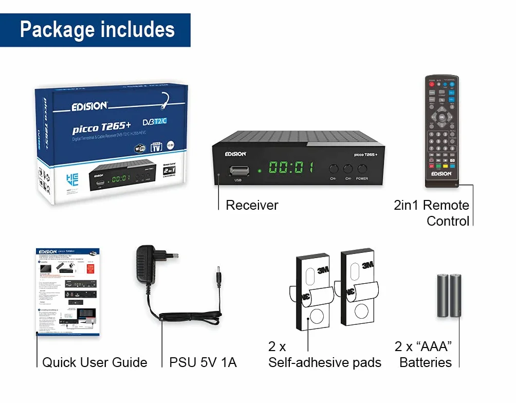 Edision Picco T265+ Receptor Terrestre TDT DVB-T2 y por Cable DVB-C, H265 HEVC FTA Full HD PVR, USB, HDMI, SCART, S/PDIF, Sensor IR, Soporte USB WiFi, Mando a Distancia Universal 2en1