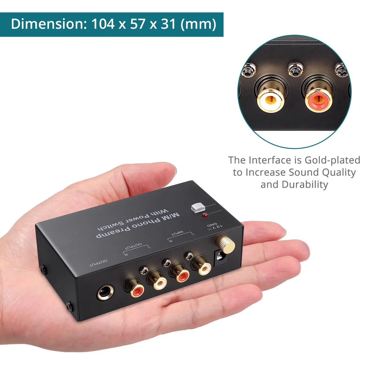 Preamplificador de Fono Ultracompacto con Bajo Nivel de Ruido para Tocadiscos MM, Salida/Entrada de RCA, Sonido de alta fidelidadInterruptor de Alimentación DC12V Fuente de Alimentación