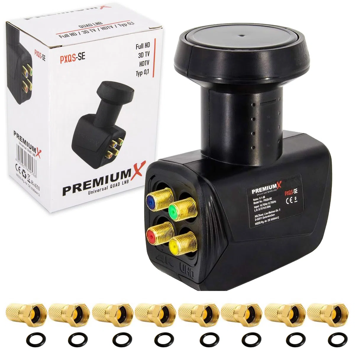 PremiumX Quad LNB para 4 usuarios: Convertidor de señal de TV con protección contra el Clima, LNB Satélite Digital en Negro con 8 Conectores F incluidos. Compatible con DVB-S2 8K UHD 4K Full HD
