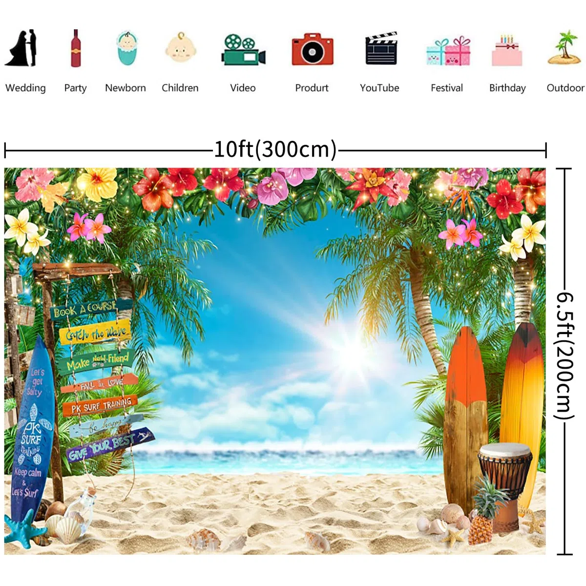 3x2m Telón de Fondo Playa Verano Tropical Palm Tree Flor Tabla de Surf Street Sign Azul Cielo Fotografía Fondo Boda Cumpleaños Hawaiian Luau Aloha Fiesta Decoraciones Photo Booth Props