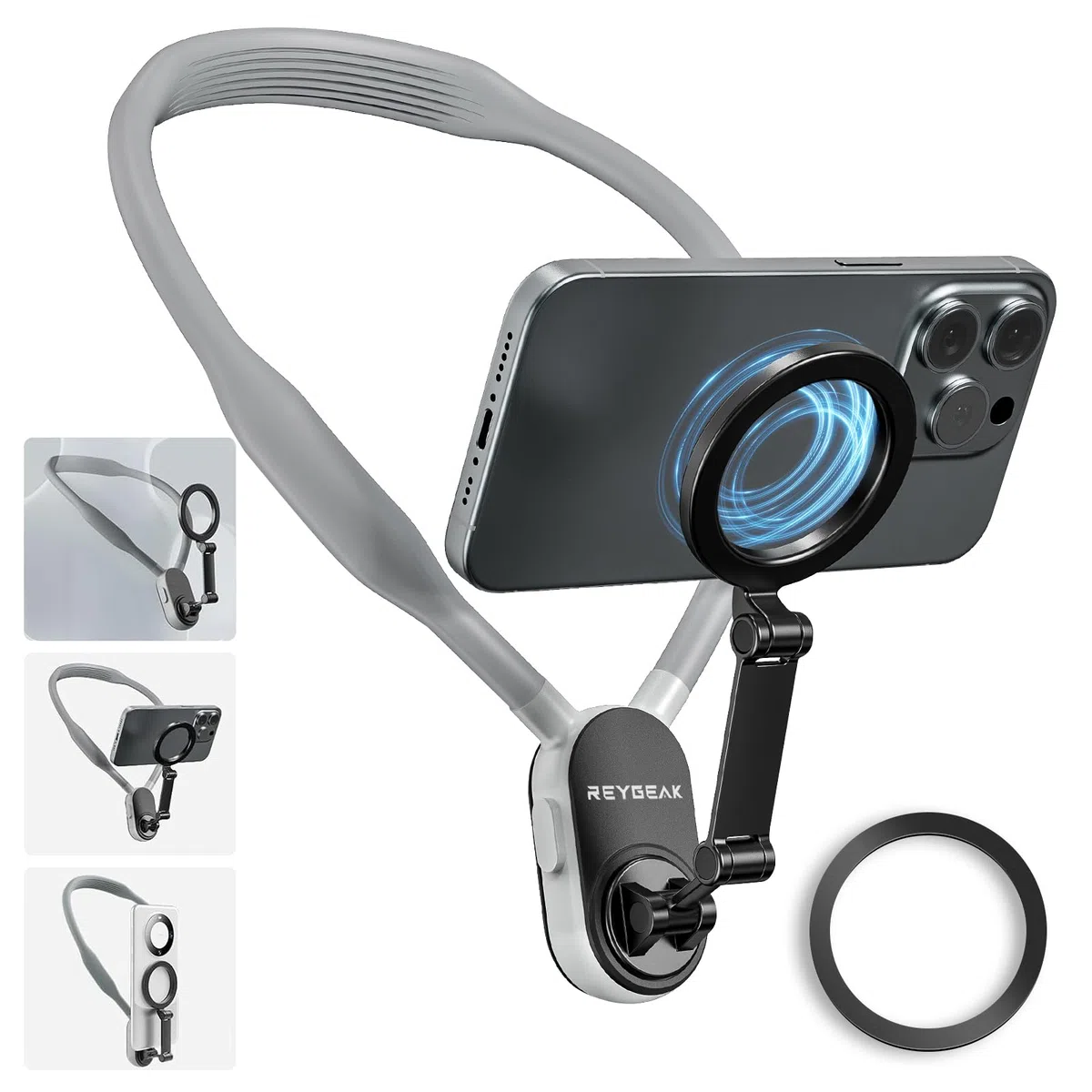 REYGEAK Soporte Magnético para el Cuello para Teléfonos, Compatible con iPhone 15, 14, 13, 12 y Samsung Galaxy S23/S22/S21, Montaje Rápido, Flexible, para Vlog/POV, Manos Libres, Grabación de Vídeo