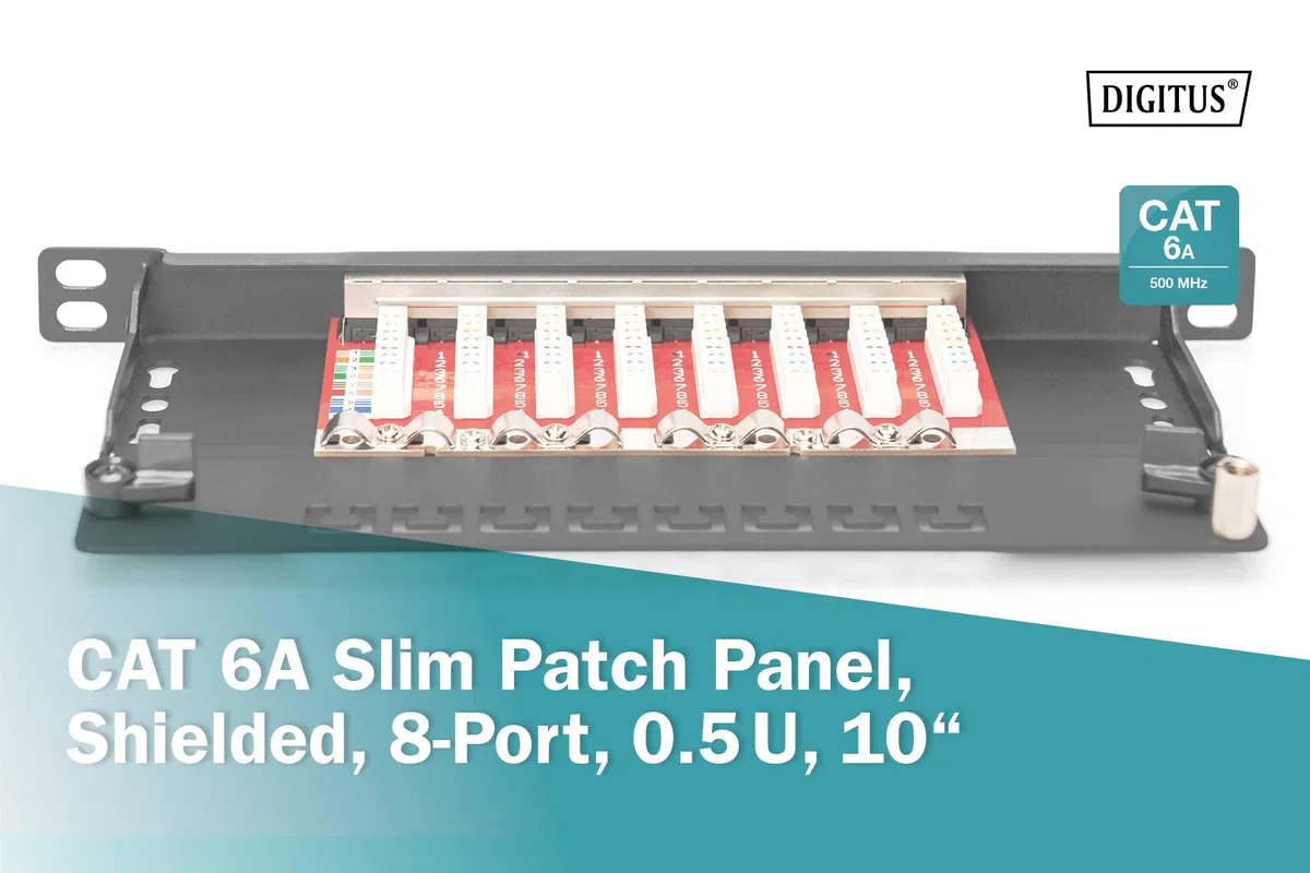 DIGITUS Panel de conexión Cat-6A - 8 Puertos - Montaje en Rack de 10 Pulgadas 0,5 U - Blindado - Conectores RJ45-10GBase-T - Panel de distribución LSA - Negro