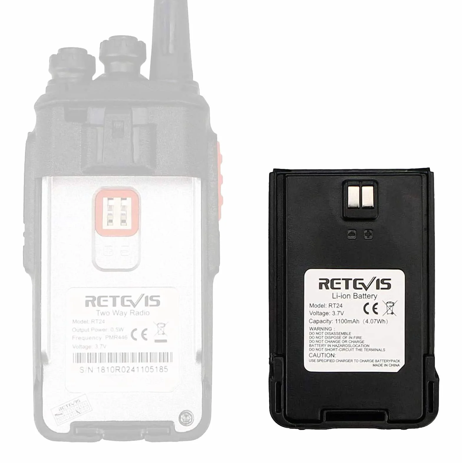 Retevis RT24 Walkie Talkie Batería Li-Ion Original 3.7V 1100mAh Compatible con Retevis RT24 Walkie Talkies (2 Piezas, Negro)