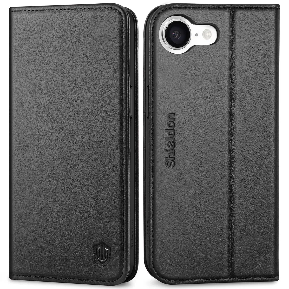 SHIELDON Funda para iPhone 17e/iPhone 16e 6.1", Cartera de Cuero Genuino [Tarjetero] [Soporte] [Bloqueo RFID] Carcasa TPU Folio Magnética Leather Wallet Case Compatible con iPhone 16e/17e 2026 - Negro