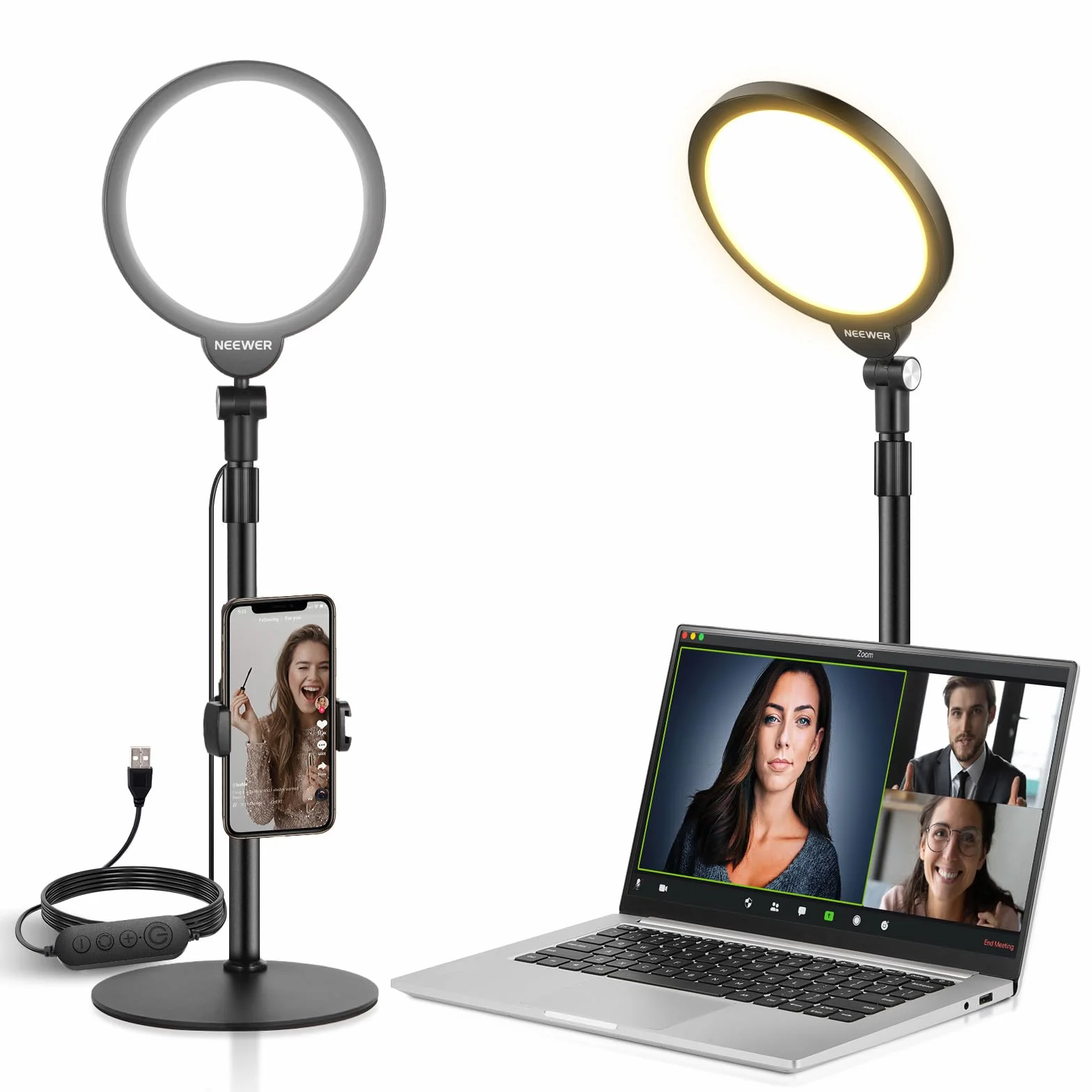 NEEWER Basic 7" Kit Luz Selfie Teléfono Escritorio, 10W 3000k-6500K Luz Anillo Pantalla Completa Regulable con Soporte y Soporte Teléfono para Videoconferencia,Selfie,Vlog,Maquillaje,Transmisión, R06