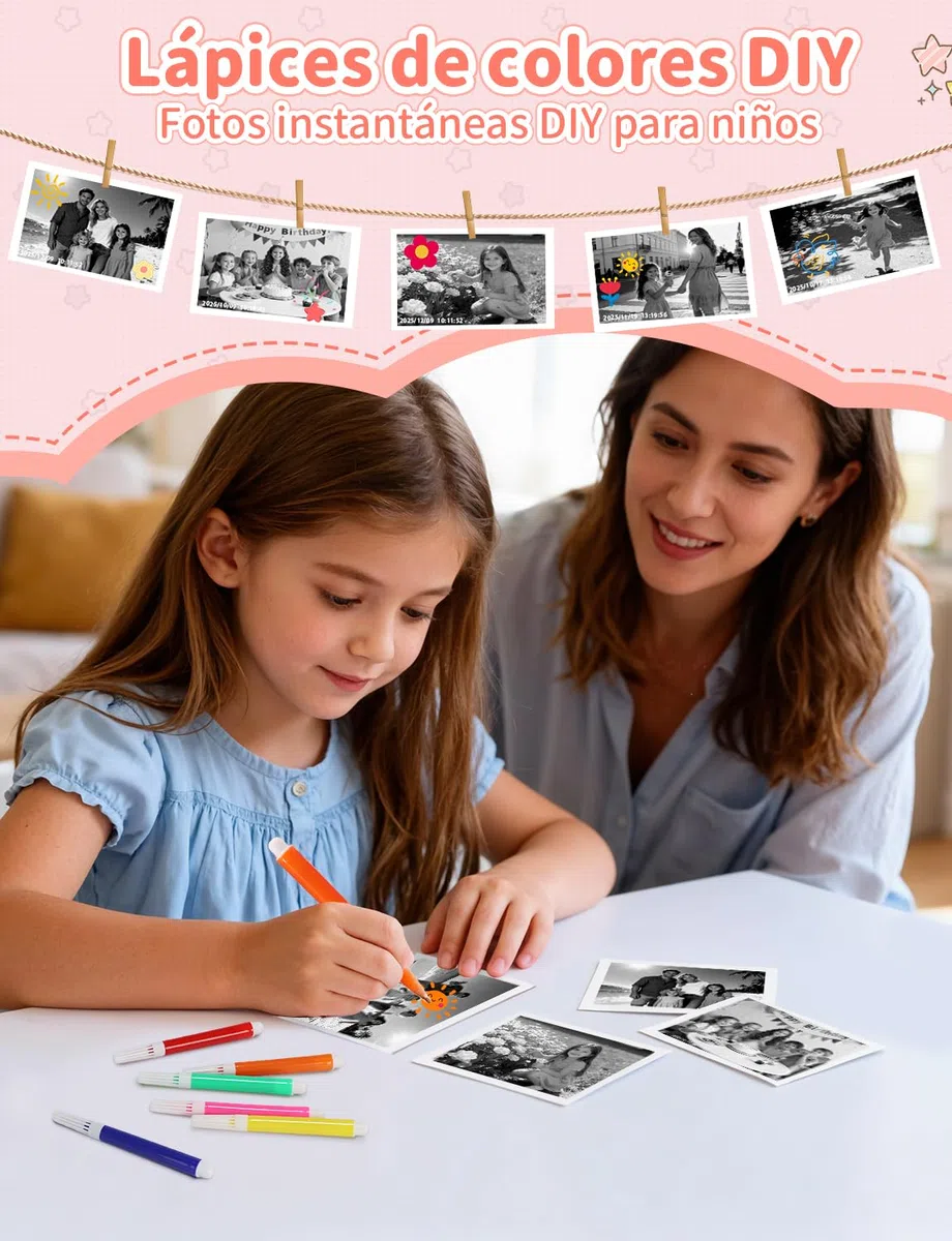 LIORQUE Camara Fotos Infantil Instantanea, 2.4'' HD 1080P Camara de Fotos Instantaneas con Tarjeta de 32G y Papel de Impresión, Bolígrafos de Colores DIY, Regalo para Niños de 3 a 12 Años (Rosa)