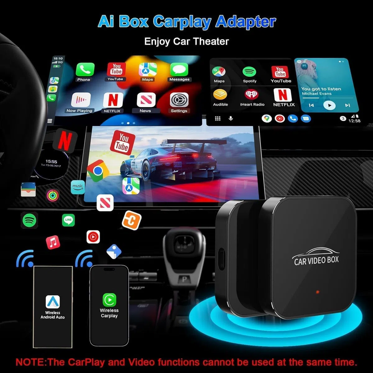 2026 Wireless CarPlay & Android Auto Adapter Compatible con Netflix/Youtube/TF – Plug & Play, Magic Video Box para vehículos OEM CarPlay & Android Auto con Cable (4GB RAM+16GB)