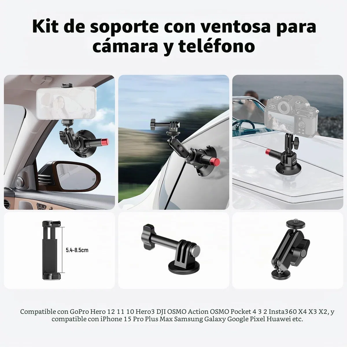 NEEWER Soporte de cámara con ventosa de 3 pulgadas con brazo mágico de cabeza esférica, agujeros ARRI de 1/4 pulgadas, soporte de coche de liberación rápida con soporte y adaptador de cámara de acción