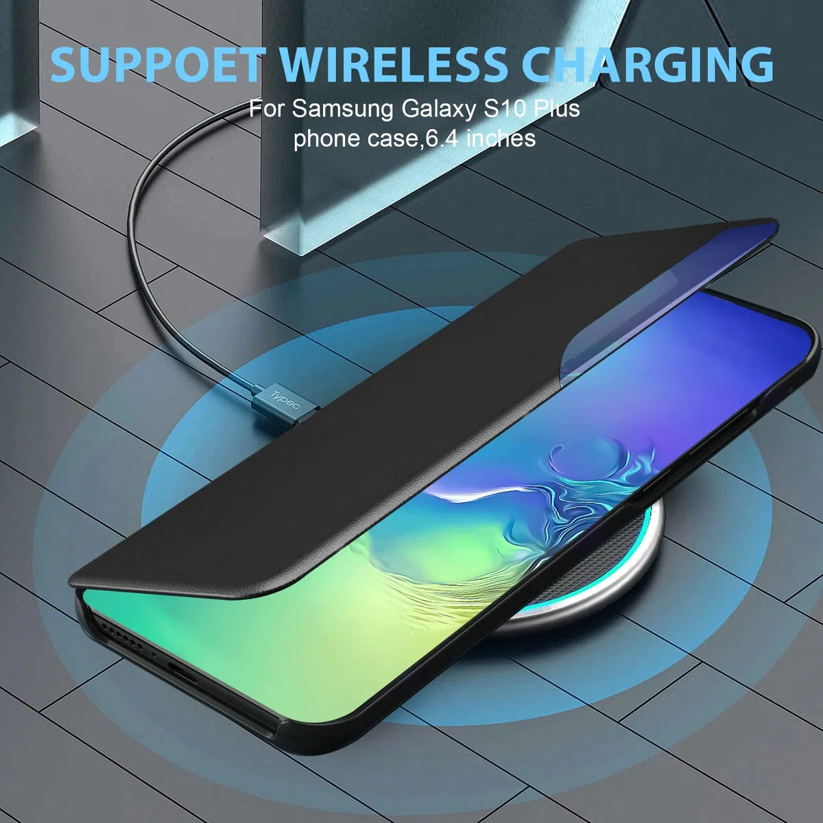 Carcasa para Samsung Galaxy S10 Plus de piel magnética Clear View Funda con tapa para Galaxy S10 Plus, carcasa 360 antigolpes, antiarañazos, función atril para Samsung S10 Plus, color negro