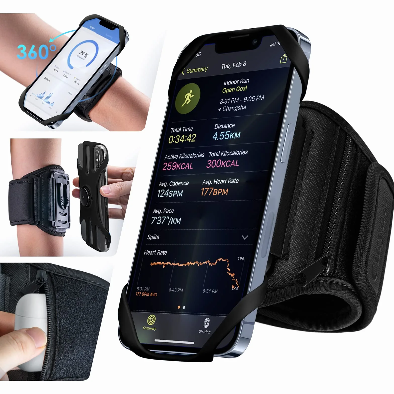 Cikyner Brazalete Deportivo para Correr, Brazalete Deportivo 360° Giratorio y Desmontable con Auricular/Bolsillo para Dinero en Efectivo para iPhone de 4.5 a 7 '' para Gimnasio Correr