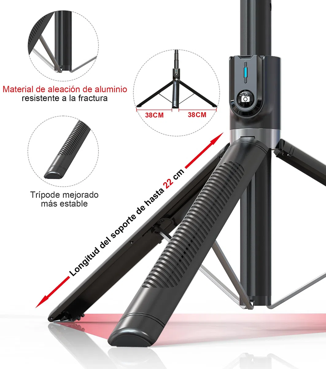 ASHINER Palo Selfie Tripode para Movil - 180cm Soporte de Teléfono con Control Remoto y Luces LED de Relleno para Viajes, Vlogging, Video, Fotos, Compatible con iPhone, Android