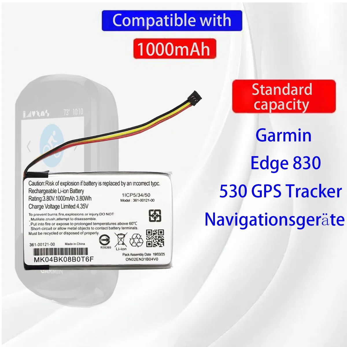 361-00121-00 batería de repuesto 361-00121-00 compatible con Garmin Edge 830, rastreador GPS 530, batería para dispositivos de navegación