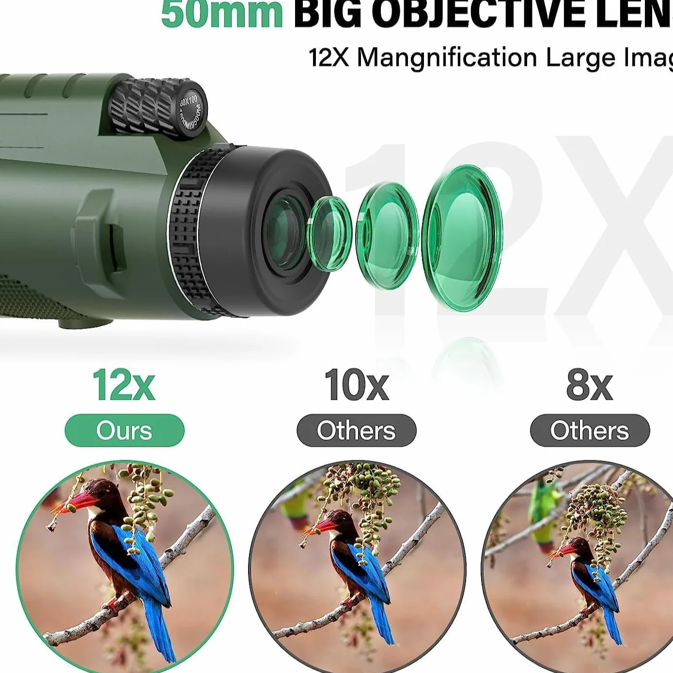 Telescopio Monocular, HD Monocular 12 x 50, Prisma BAK-4 de Alta Potencia y FMC monoculares, monocular, para observación de Aves, Caza, Viajes, conciertos (Verde Militar)