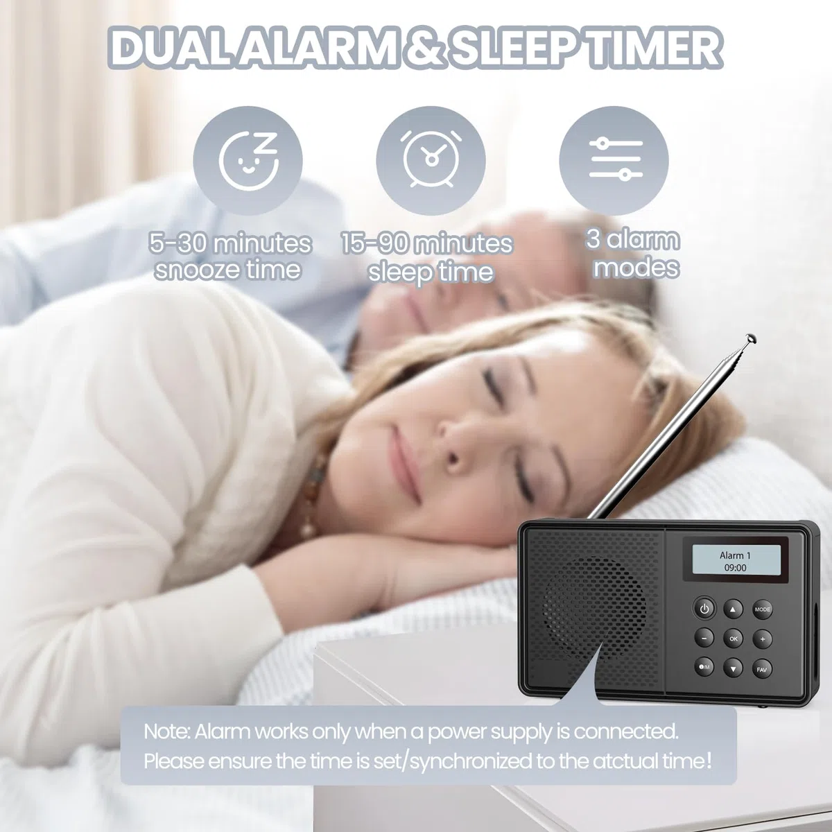 Arafuna Radio Portatil Pequeña Recargable, Radio FM/Dab con 40 Emisoras Presintonizadas, Radios Pequeñas Digitales con Temporizador De Apagado, Despertador Doble
