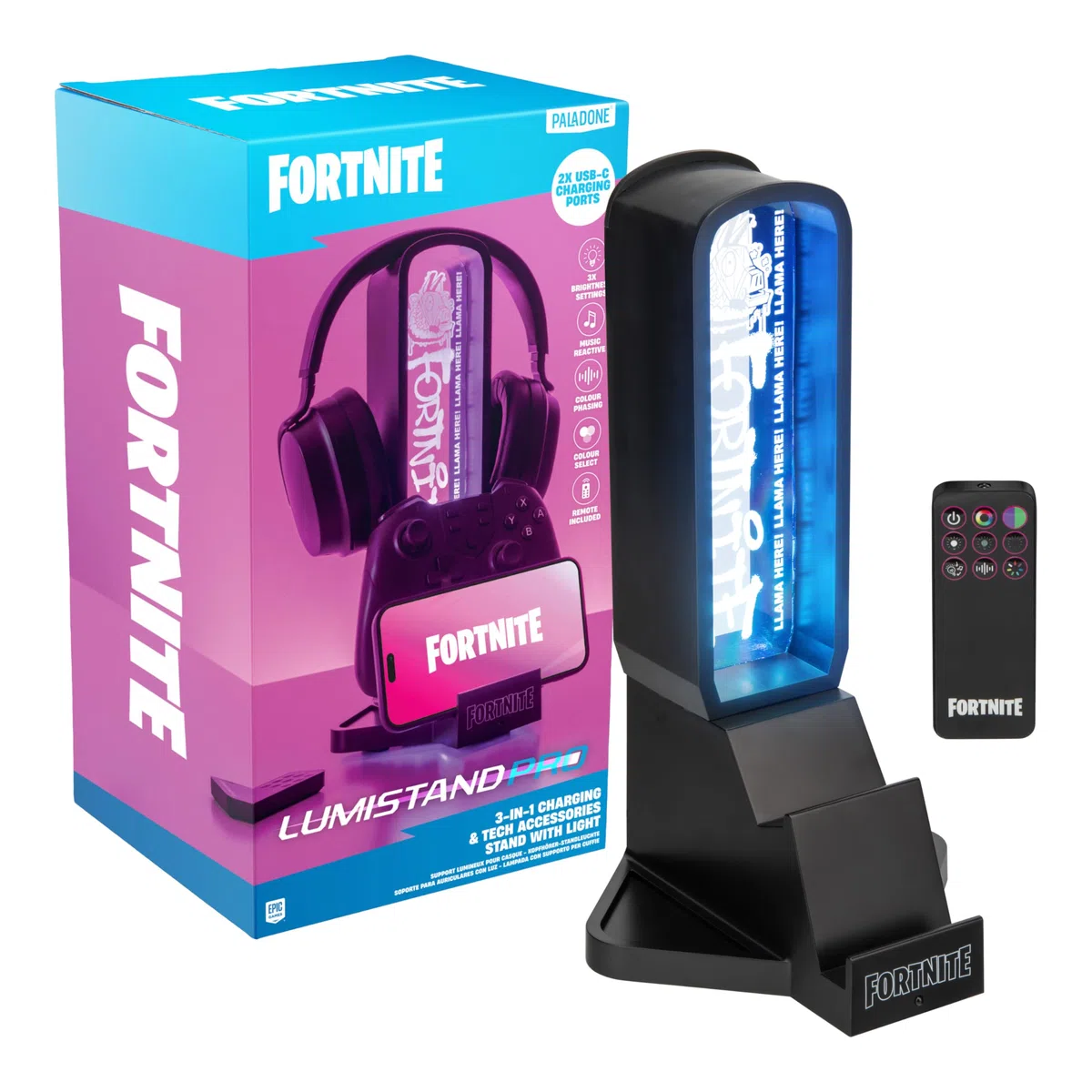 Paladone - Soporte para Auriculares 3 en 1 y estación de Carga tecnológica de Fortnite con Base para Mando de Consola y 2 Puertos USB-C, Panel de luz RGB Que Cambia de Color, Licencia Oficial