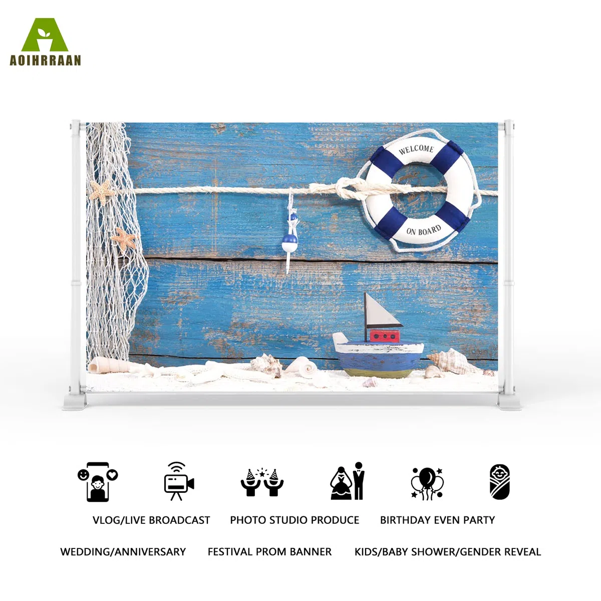 Aoihrraan 2,2x1,5m Telón de Fondo náutico Navegación Salvavidas Tablero de Madera Azul Viaje marítimo Fondo de fotografía Suministros para Baby Shower Sesión de Boda Niños Adultos Retrato Foto Prop