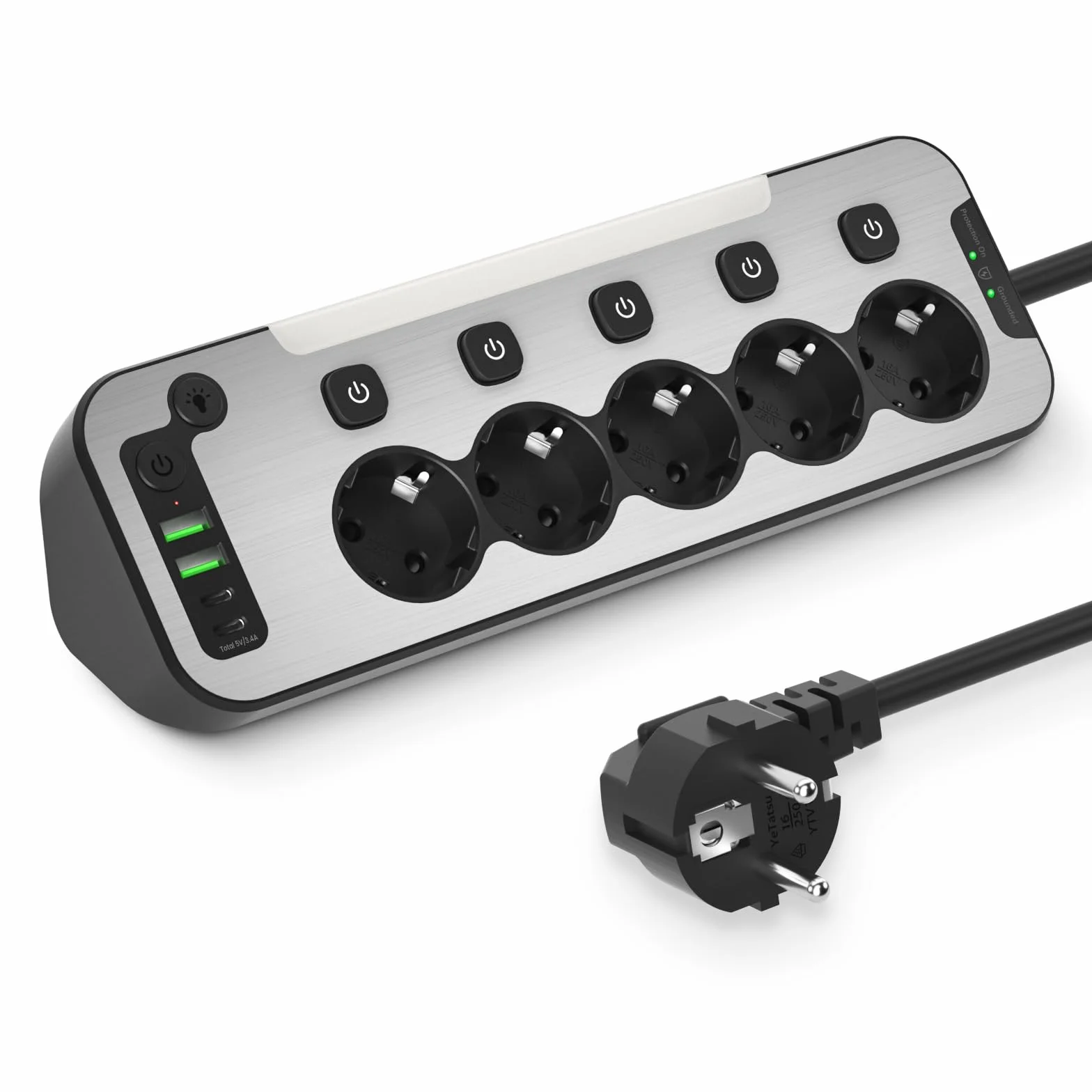 Regleta Enchufes Esquina con USB C,5 Tomas Enchufe Multiple Proteccion Sobretension,Ladron Interruptore Individuale,Regleta Escritorio Panel Frontal de Metal Encimera Cocina Alargador 2M Cable,Negro