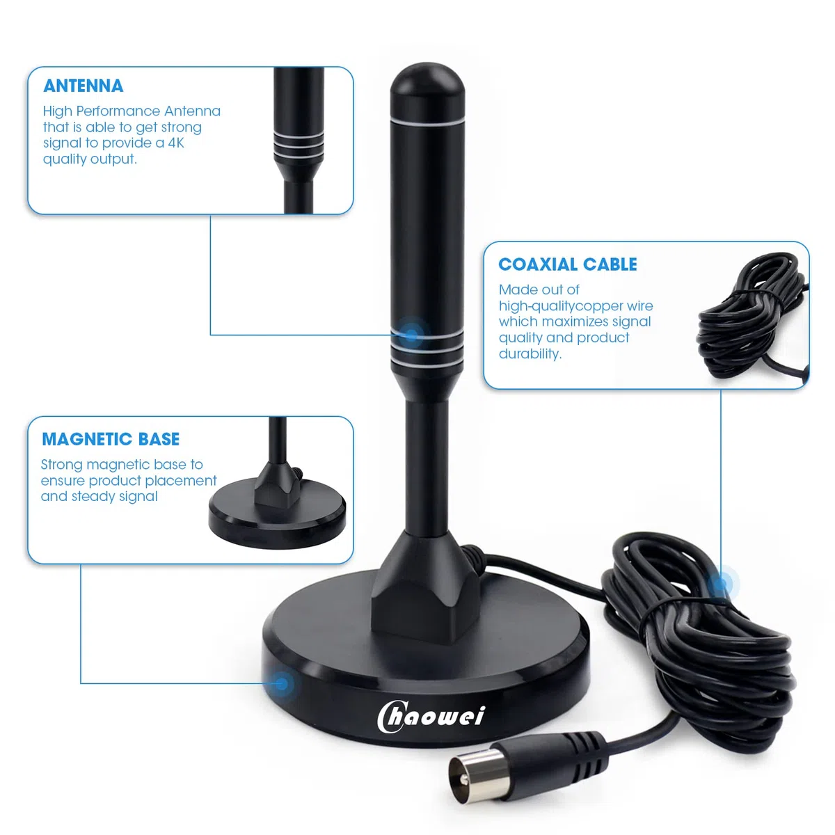 Chaowei Antena de televisión portátil Interior y Exterior de Alta Ganancia Vista Libre mit abnehmbarem Signalverstärker für DVB-T,DVB-T2 USB Empfang-mit großer Magnetbasis,360 Empfang,120Millas