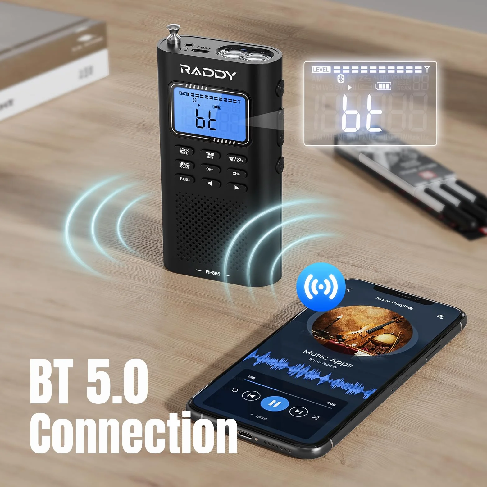 Raddy RF886 Radio Portátil de Onda Corta Pequeña Radio Am/FM/SW/UKW Radio Digital, Radio con Batería y Altavoz BT, 3 M Antena Externa