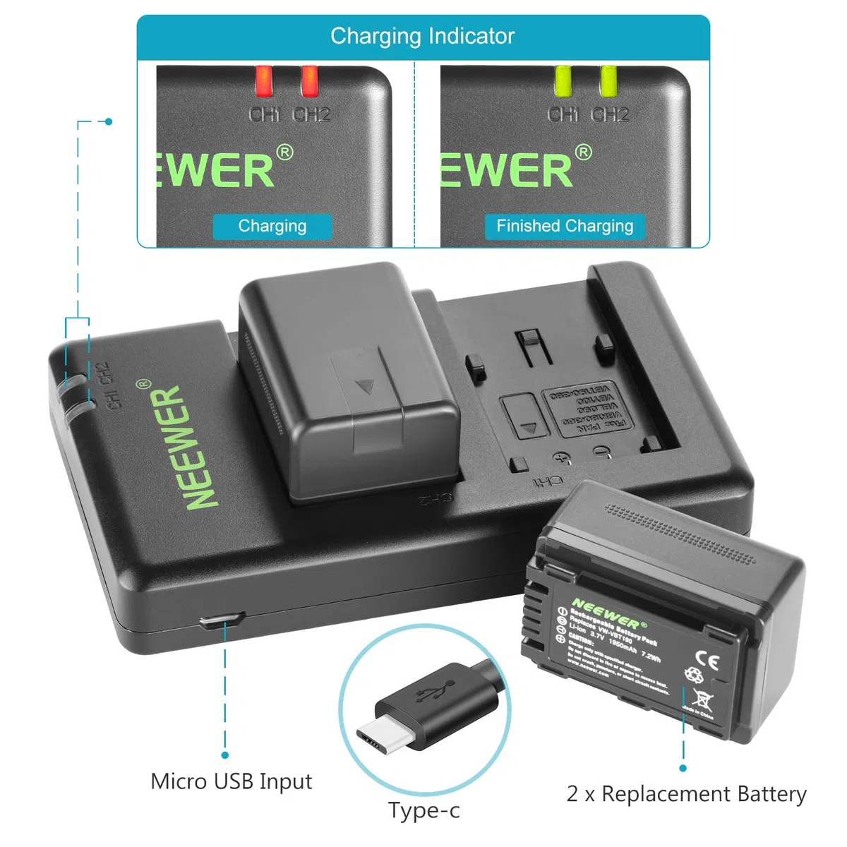 Neewer VW-VBT190 Batería y Kit de Cargador USB Dual Compatible con Panasonic HC-V110 V130 V160 V180 HC-V201 V210 V250 HC-V380 HC-V510 V520 V550 HC-V710 V720 V750 V770 HC-VX870