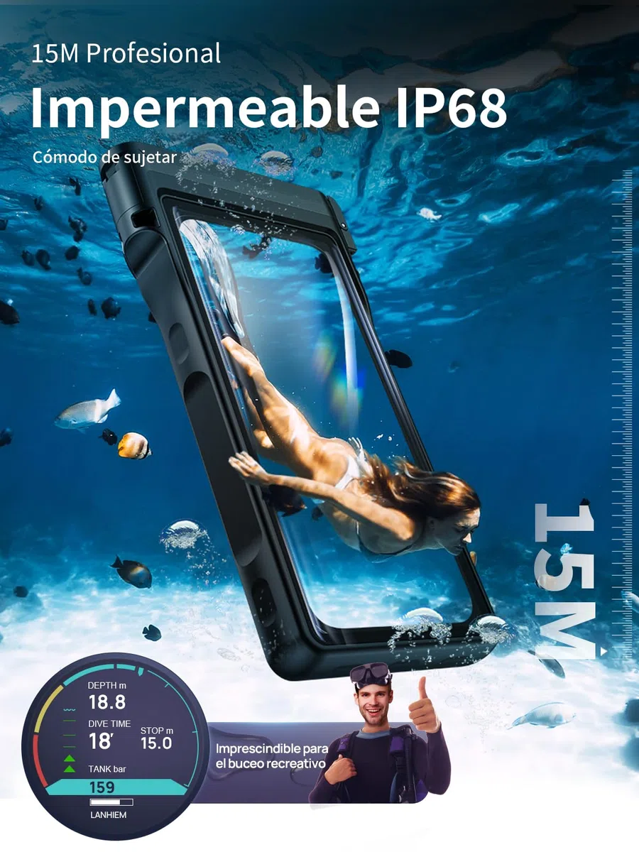 Lanhiem Funda Impermeable IPX8 15M Sumergible Profesional para iPhone Samsung Galaxy Huawei Xiaomi Redmi Google Pixel y Smartphone 4.7-6.9 Funda Subacuática, Negro