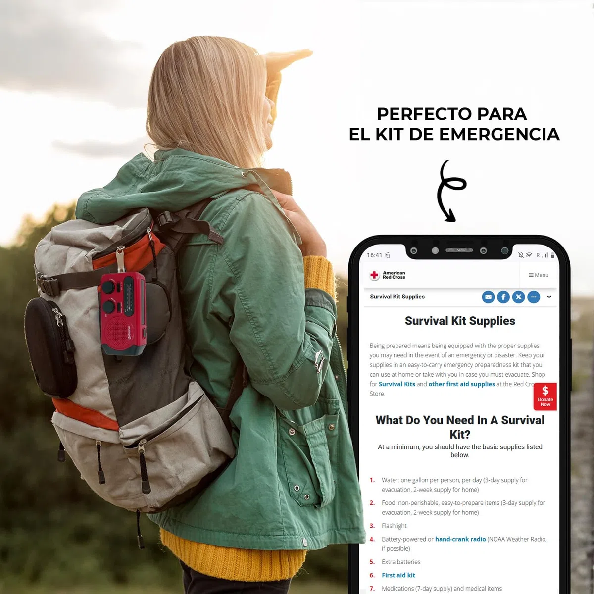Denver SCR-2010MK2 Radio Solar de Emergencia con Manivela, Am/FM, Linterna LED 1W, Sirena SOS, Batería Recargable 2000 mAh, USB-C/USB-A, Funciona con Pilas AAA, para Apagones y Camping