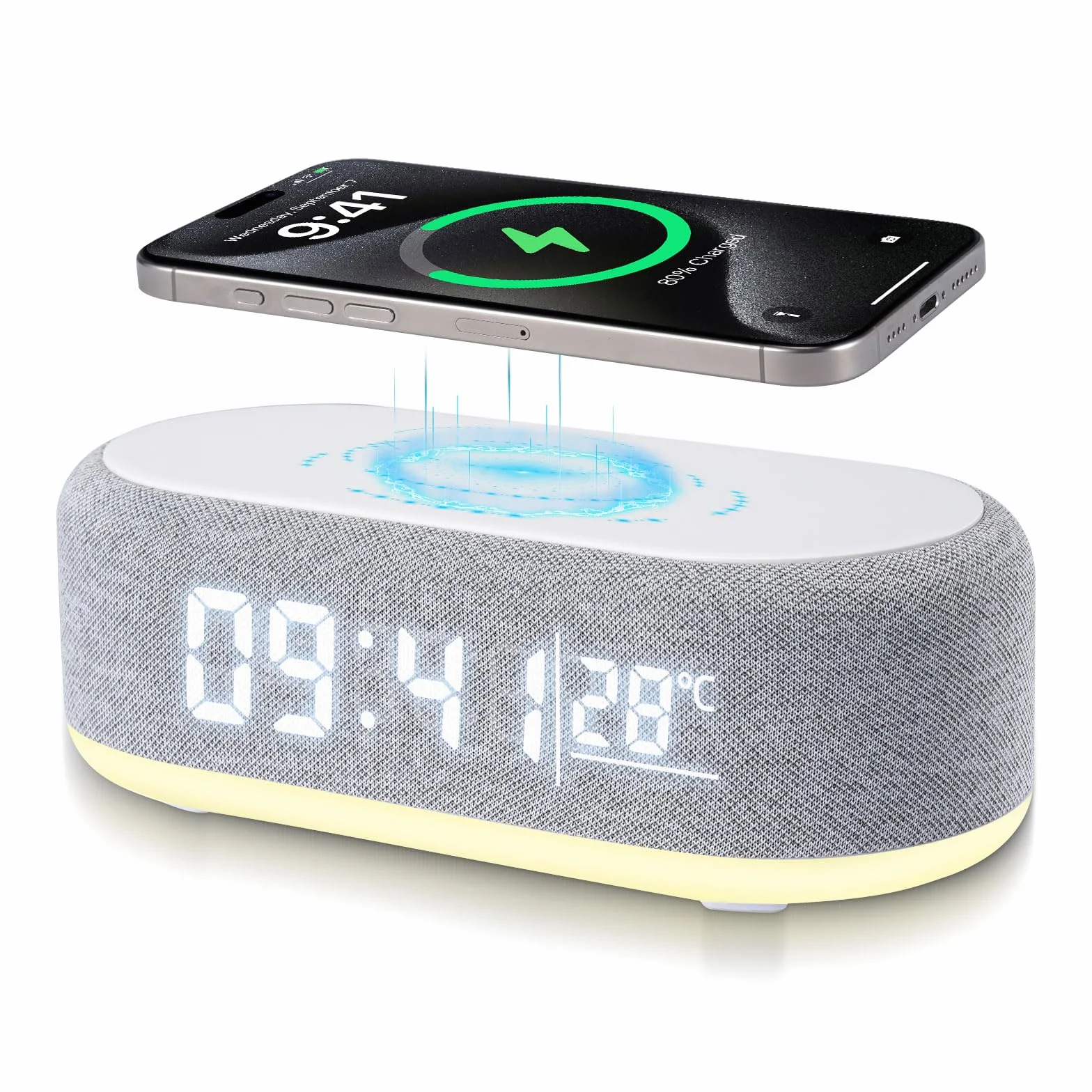 Despertador Digital 4 en 1, Cargador Inalámbrico, Despertador Inteligente con indicador de luz y Temperatura, Brillo Ajustable