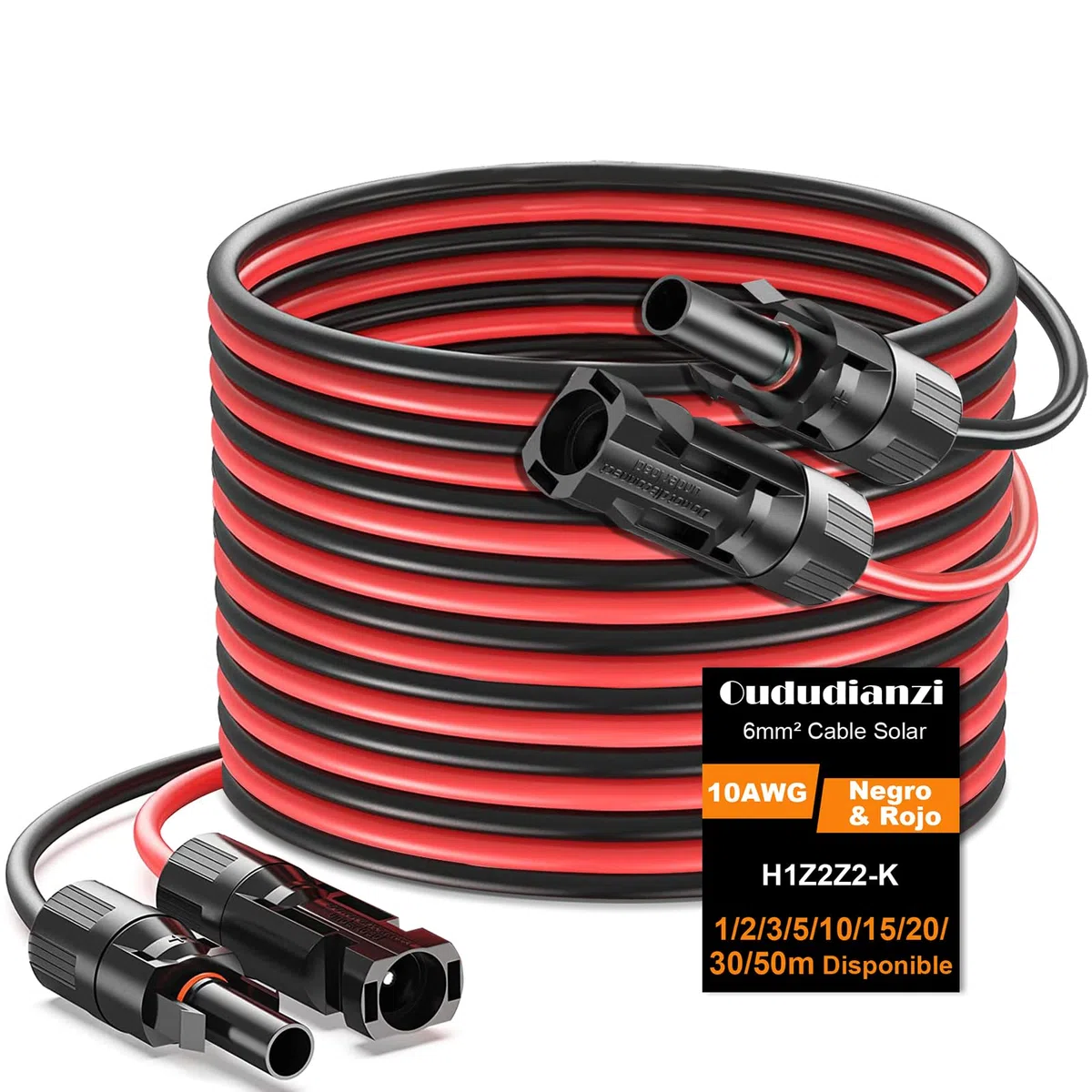 Oududianzi Cable Solar 6mm²/4mm², Prolongador Cabo Placa Solar 1/2/3/5/8/10/15/20/30m, Extensor Cable fotovoltaico 6mm2 con Conectores Hembra y Macho para Paneles Solares Sistemas (6mm² 5m)
