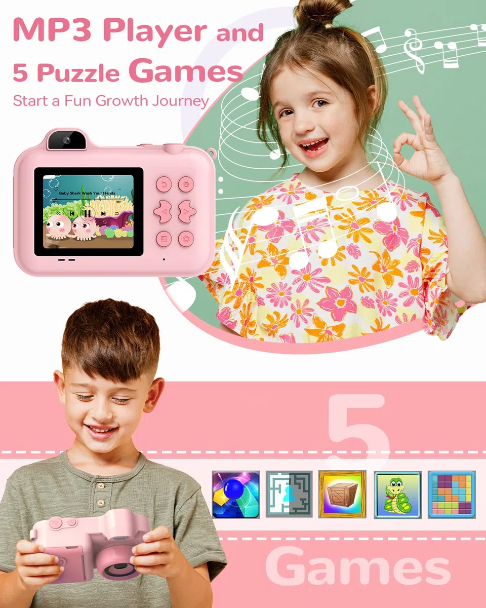 Camara Fotos Infantil Instantanea, 2,4'' Cámara Digital con Camara Dual, 24MP/1080P HD Video Cámara, Tarjeta 32GB, 5 Rollos Papel de Impresión, Regalos Juguete para Niños y Niñas de 3-8 Años Rosa