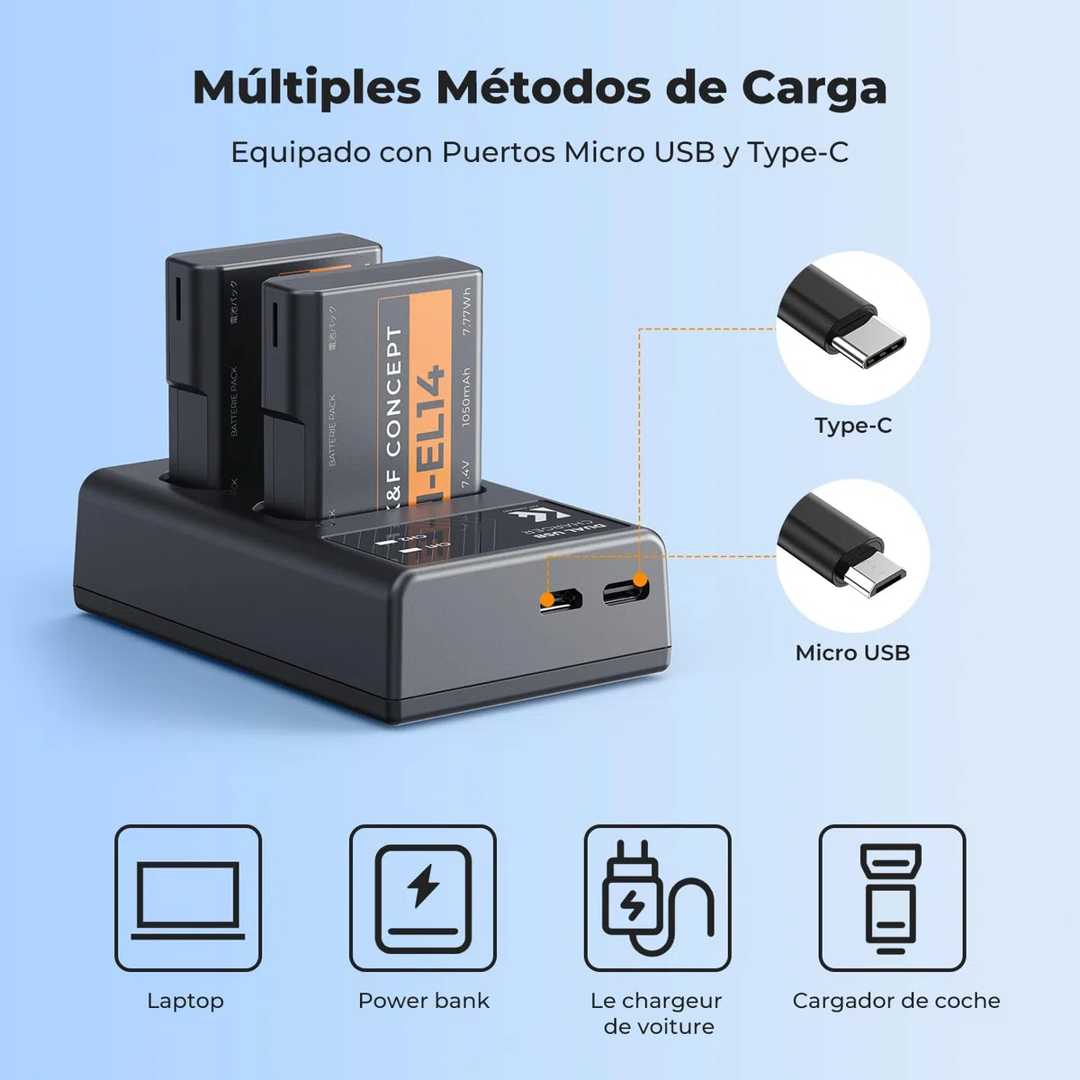 K&F CONCEPT EN-EL14 2 Pack Batería y Cargador de Cámara 1050mAh Compatible con Nikon D3500 D5600 D3200 D3300 D3400 D5500 Coolpix P7800 P7700 P7200 P7100 P7000