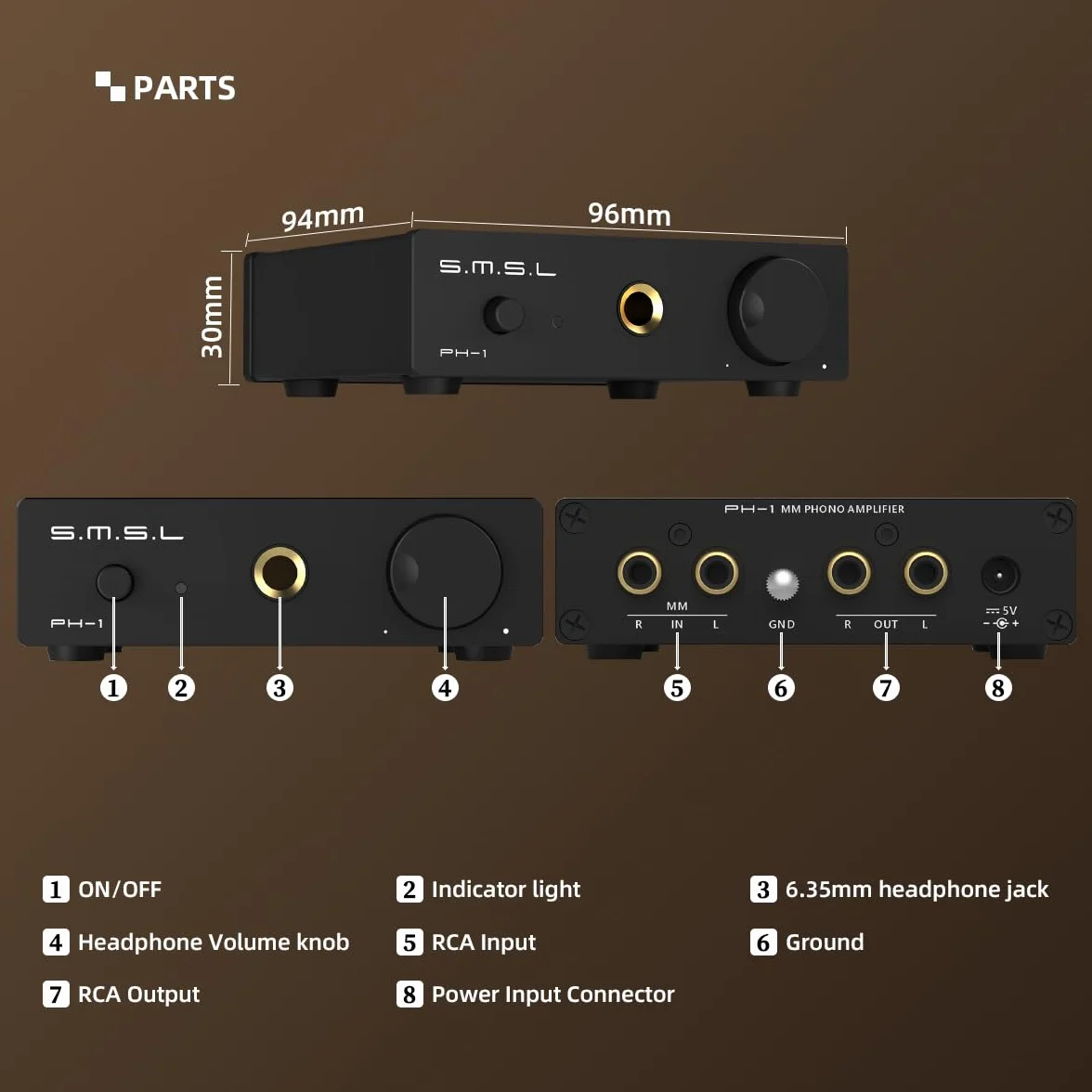SMSL PH-1 MM Preamplificador de fono para tocadiscos, salida RCA/auriculares 6,35 mm, preamplificador de audio doméstico