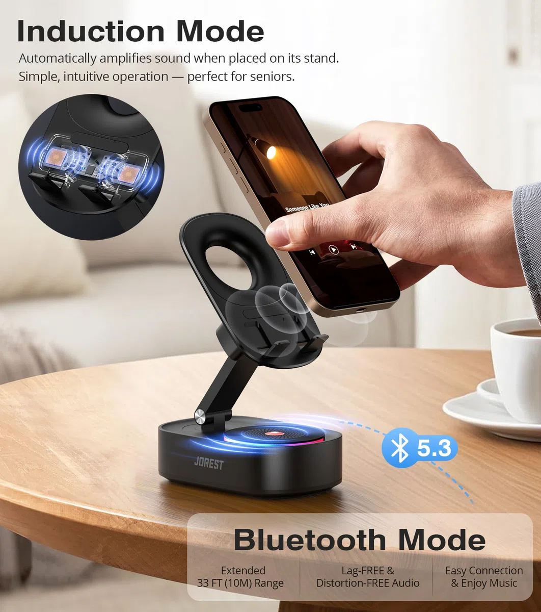 Jorest Altavoz Bluetooth con Soporte Movil, Altavoces Inalámbricos Inducción con Suporte Telemovel, Compatible con iPhone iPad Tablet,Regalo Hombre Cumpleaños,Regalos Mujer/Profesora/Niña/Niño