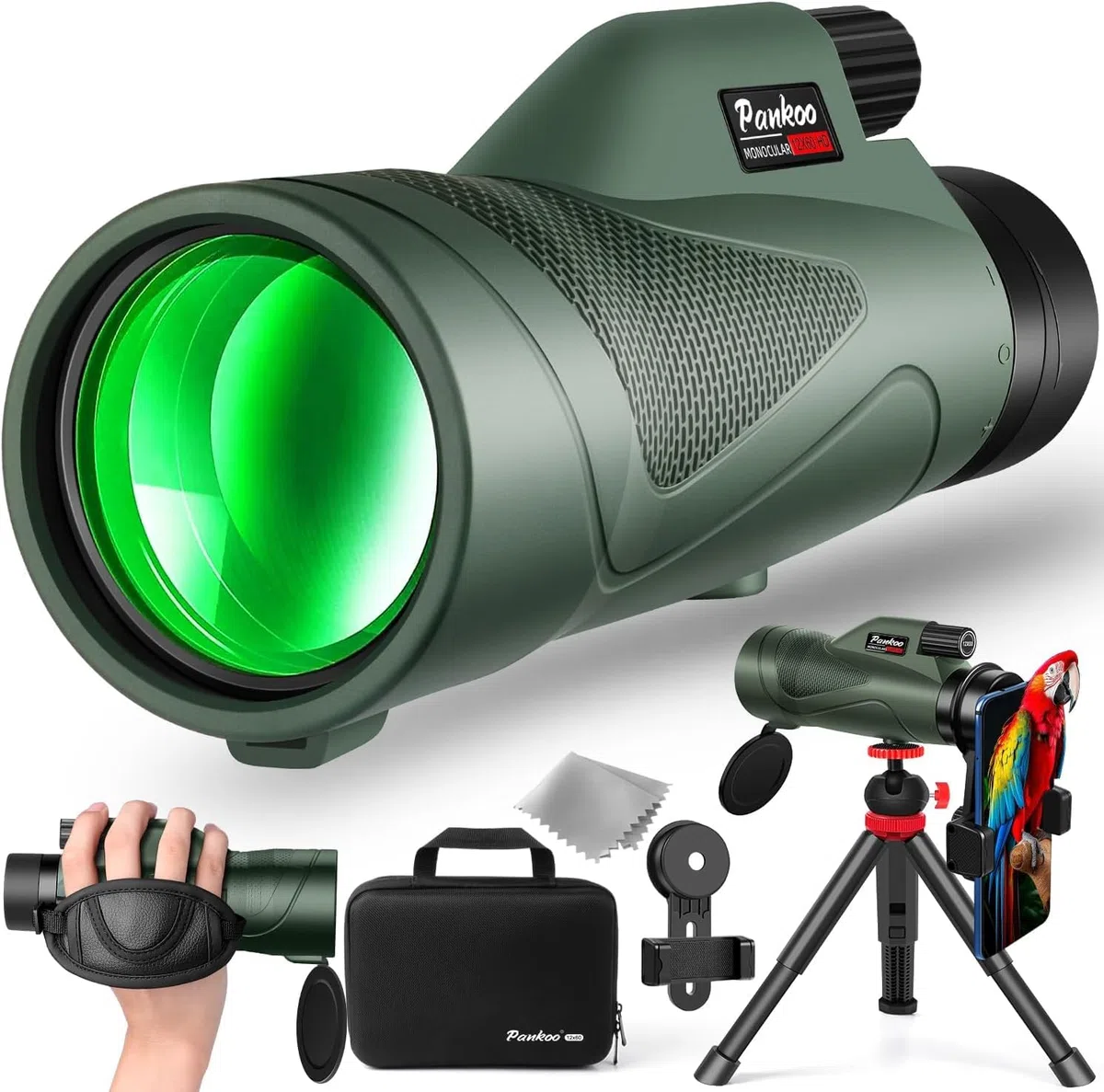 Pankoo Telescopio monocular HD 12 x 60 para adultos | Se entrega con adaptador para smartphone, trípode y correa de muñeca | Ideal para observación de aves, deportes, senderismo, viajes
