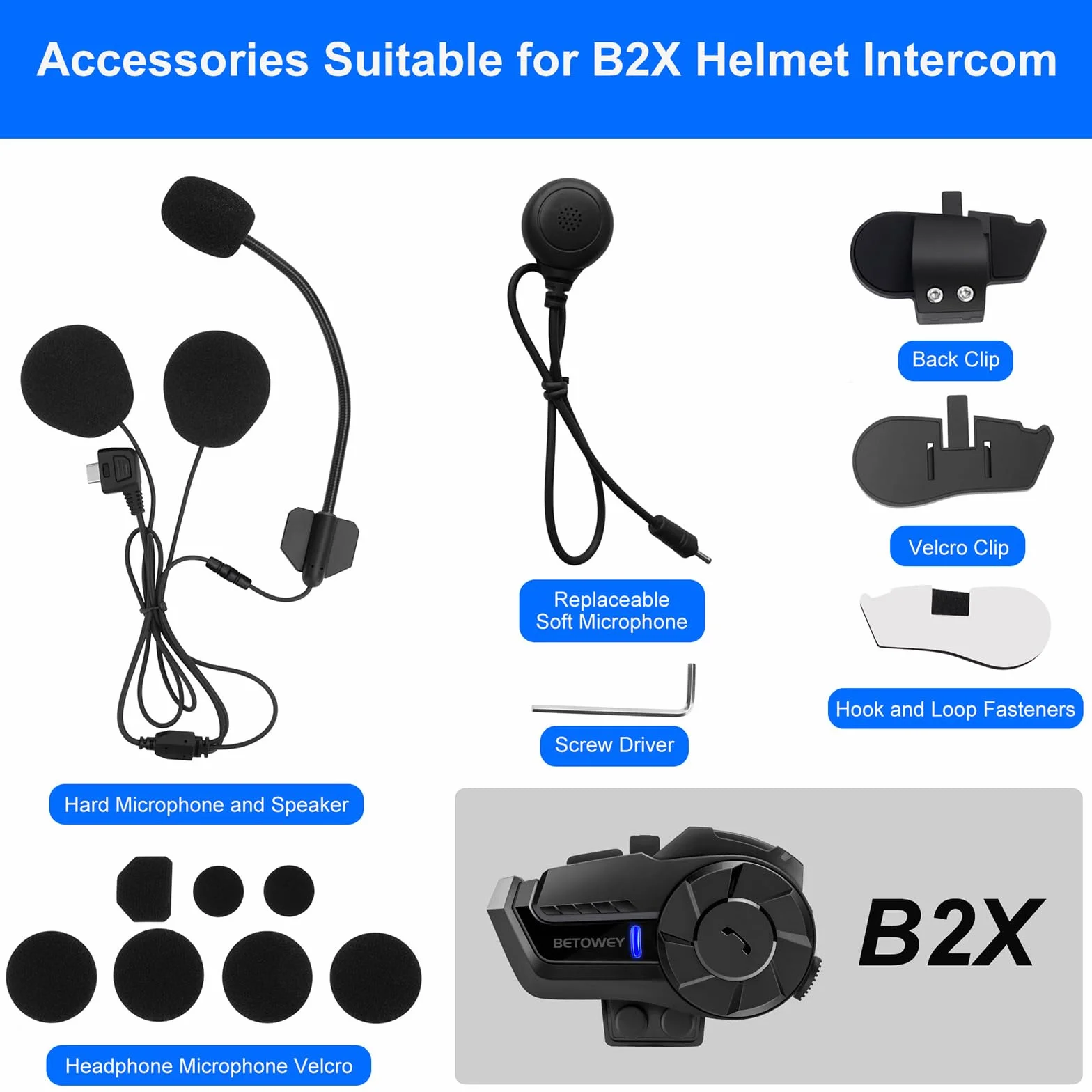 Kit de Micrófono y Altavoces para Casco de Moto con Accesorios de Montaje para Intercomunicador B2X – Incluye Micrófono Flexible y Rígido