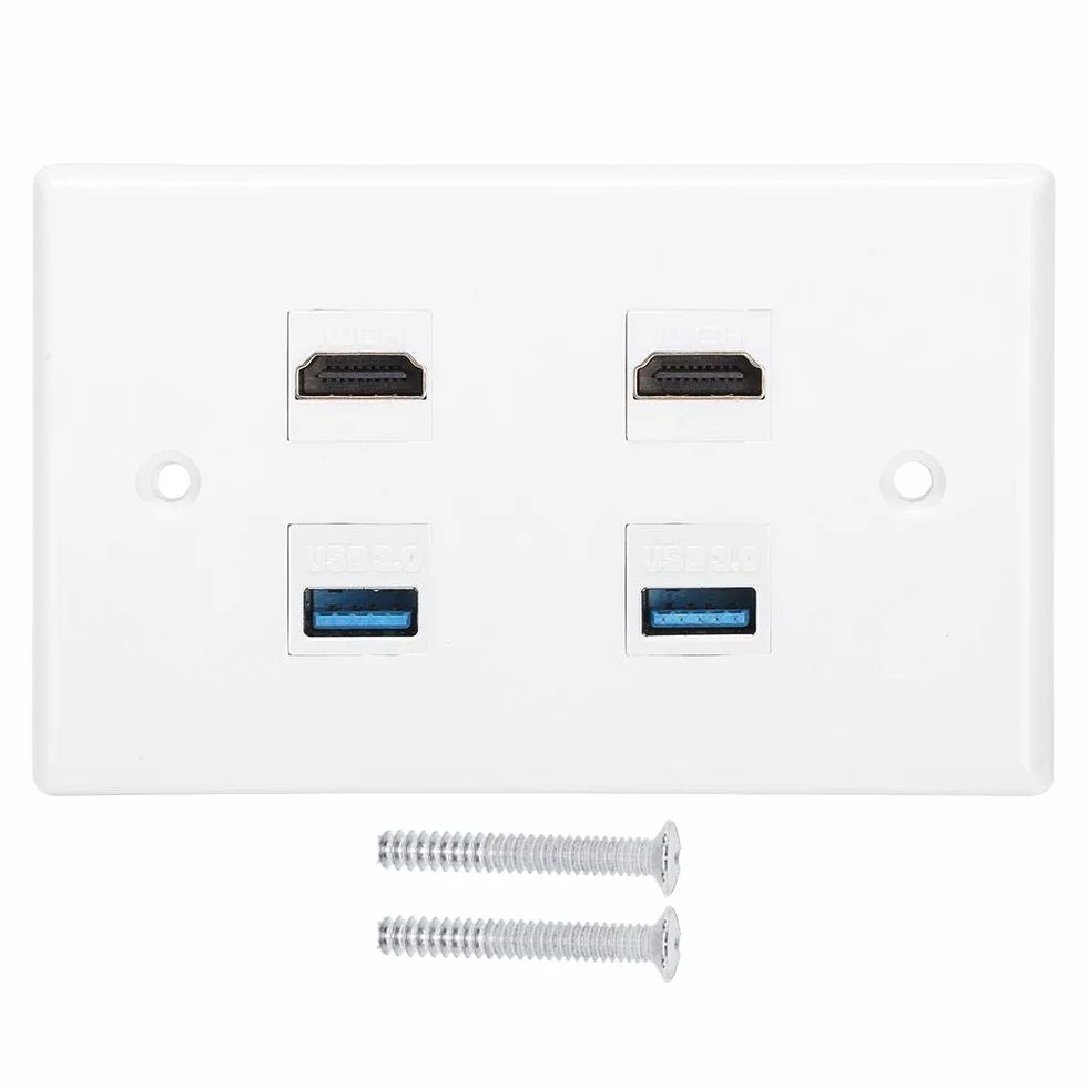 Fditt 2 puertos HDMI y USB Placa de panel de pared Keystone HDMI Hembra a hembra Hebilla de montaje Salida de pared Cargador USB Placas de pared con tapa