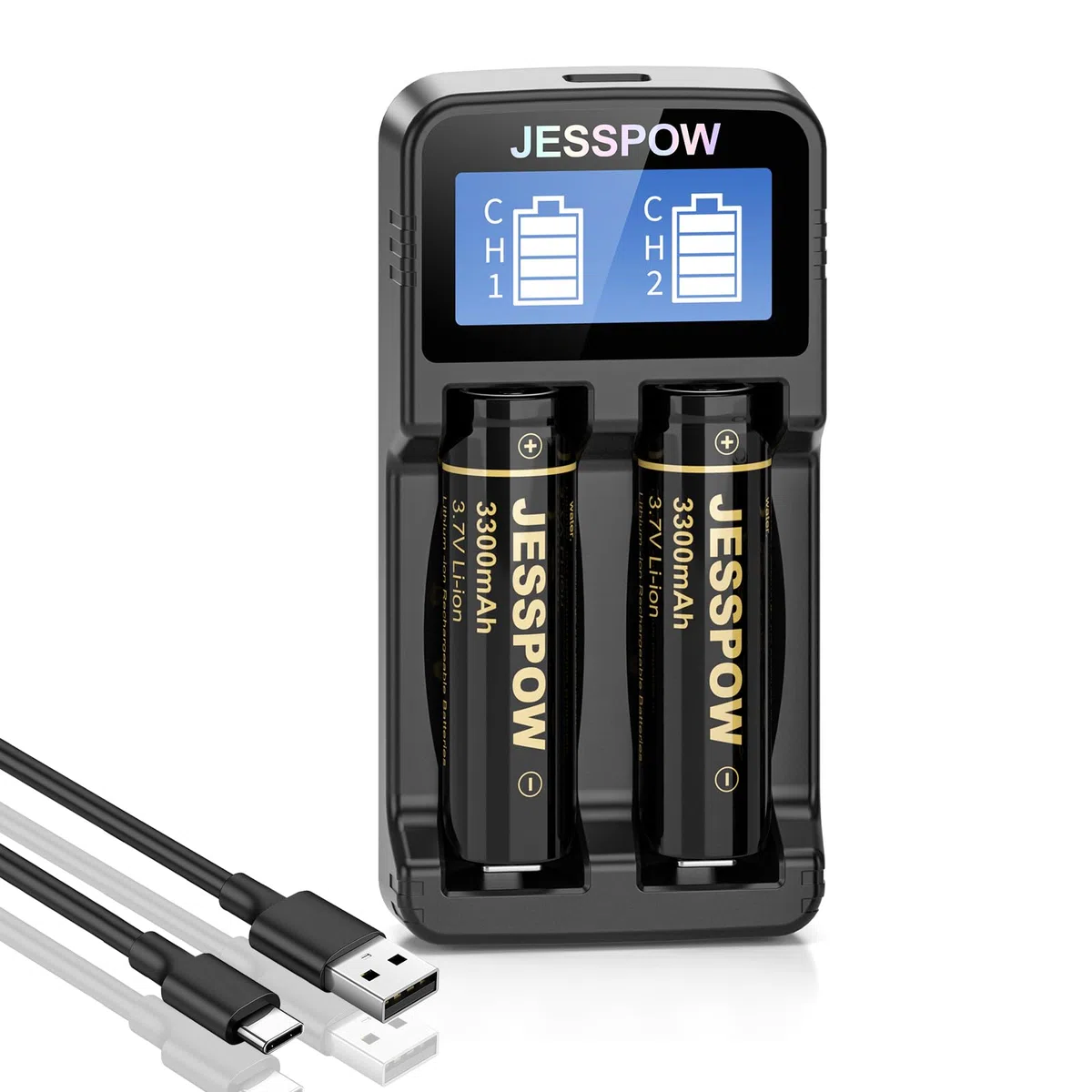 3.7 Volt Pilas Recargables con Cargador, 3300mAh Top Plana Li-Ion Recargable Batería Adecuado para Linternas, Cámaras, Ventiladores Pequeños (Paquete de 2, 18 X 65 mm)