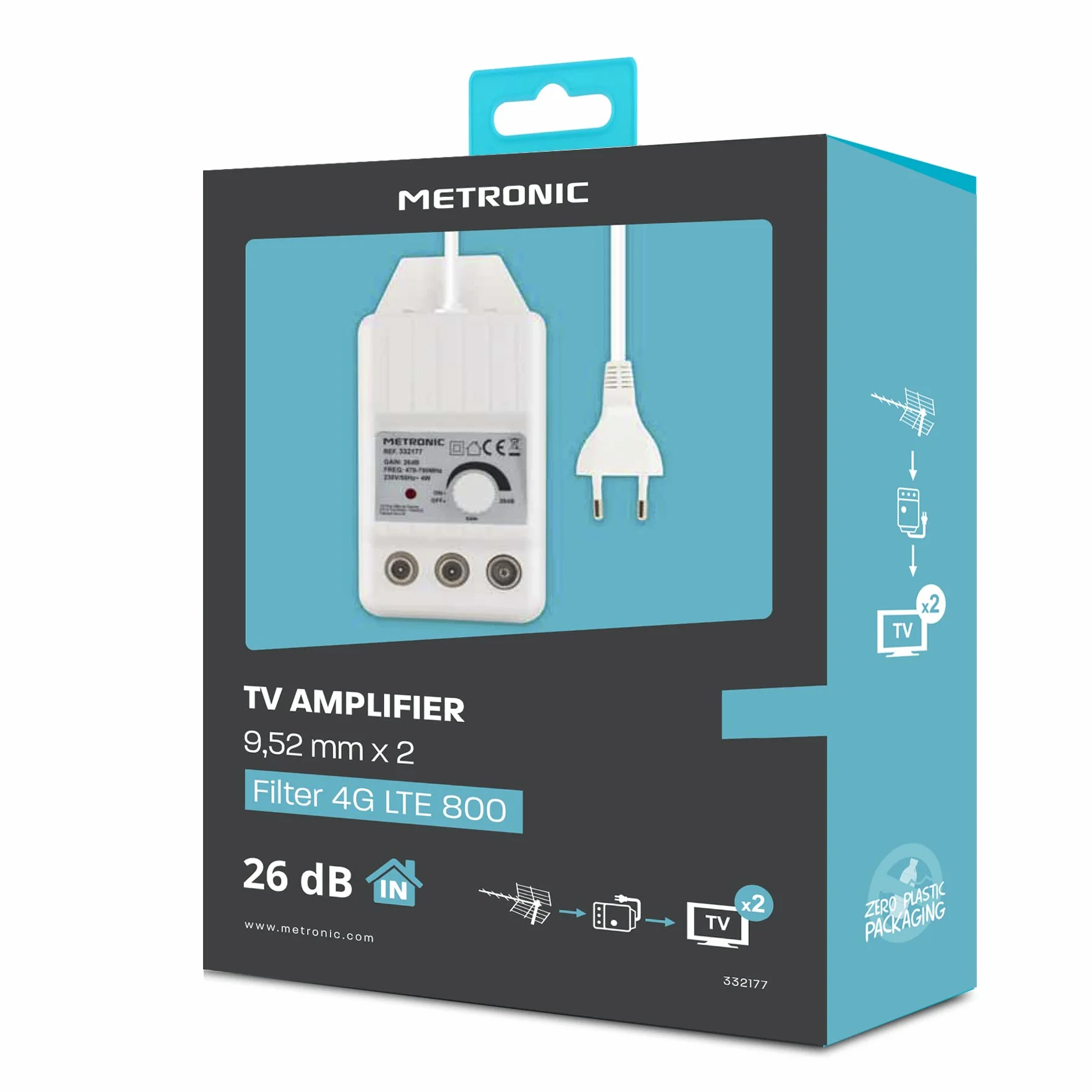 Metronic - 332177, amplificador de antena de TV interior para canales de TDT, compatible con 4G/5G, 26 dB, 2 salidas con toma de TV de 9,52 mm, blanco