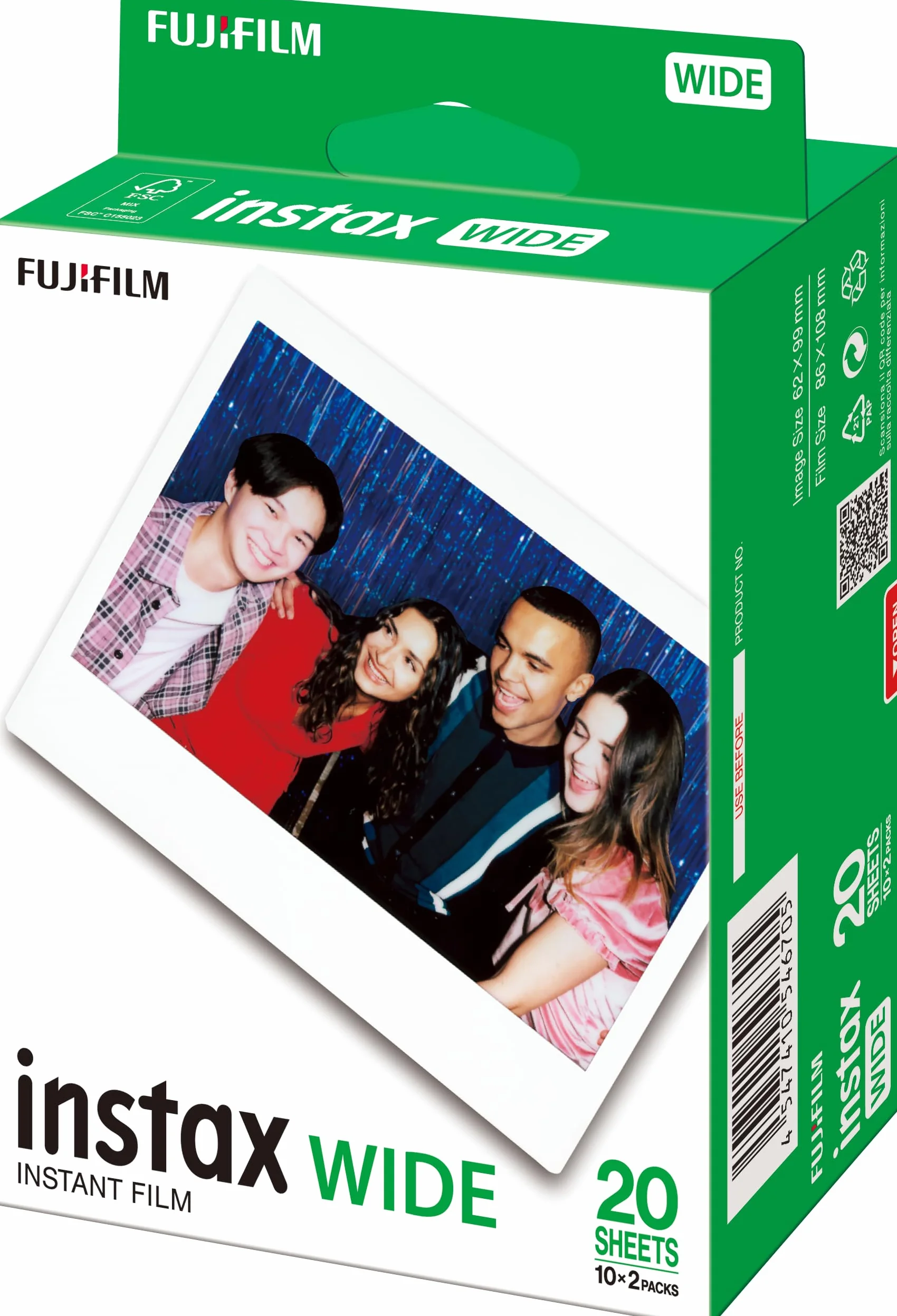 INSTAX Wide ISO 800 Película Instantánea con Borde Blanco, 2 Cargas de 10 Fotos, 20 Disparos